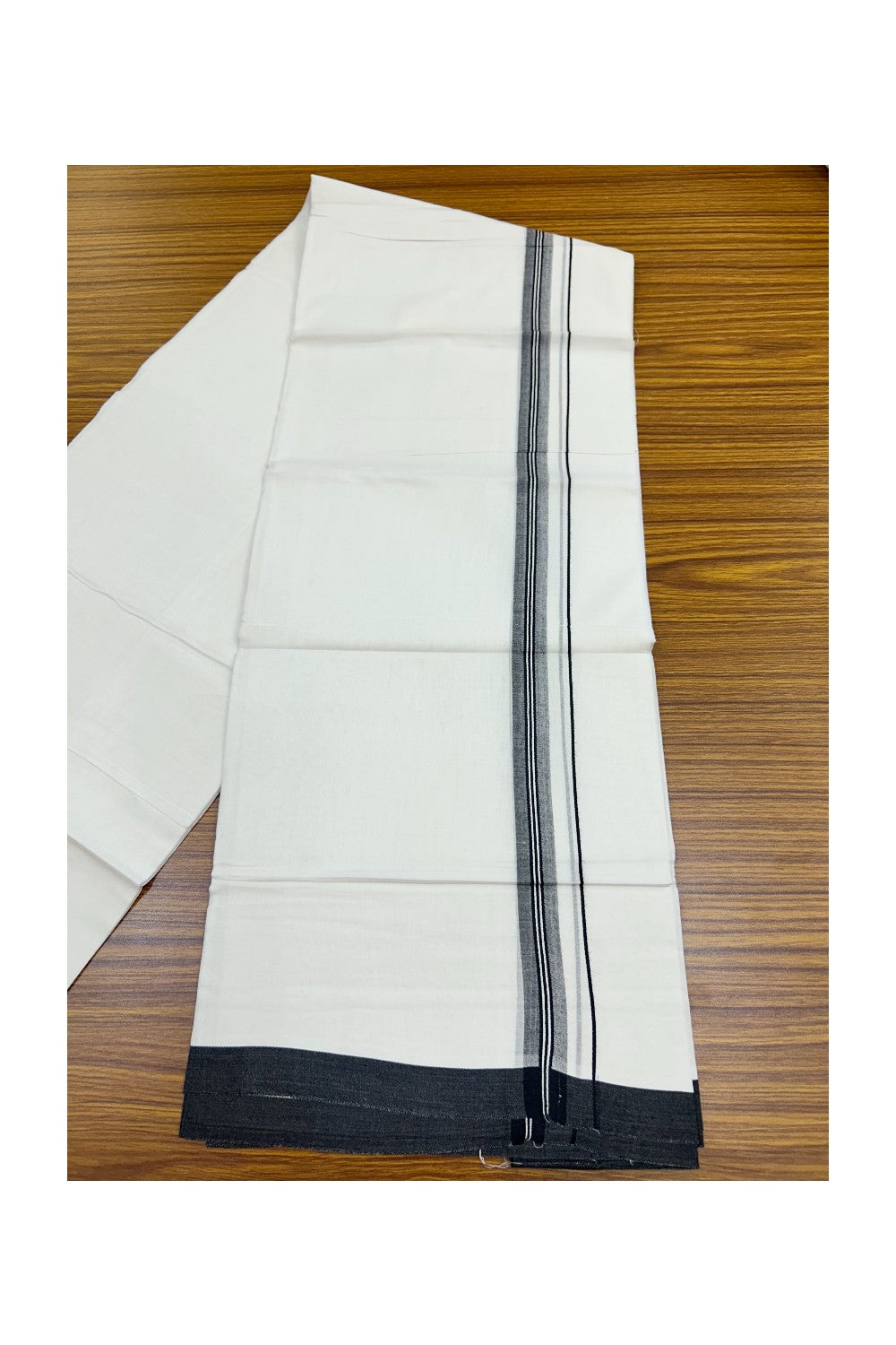 20% Discount!!! KaithariKada Balaramapuram DOUBLE PURE WHITE Mundu/Dhoti - 100X80 - 0.75 inch Black Striped & Shaded Designer Kara - 26KK5191CKS