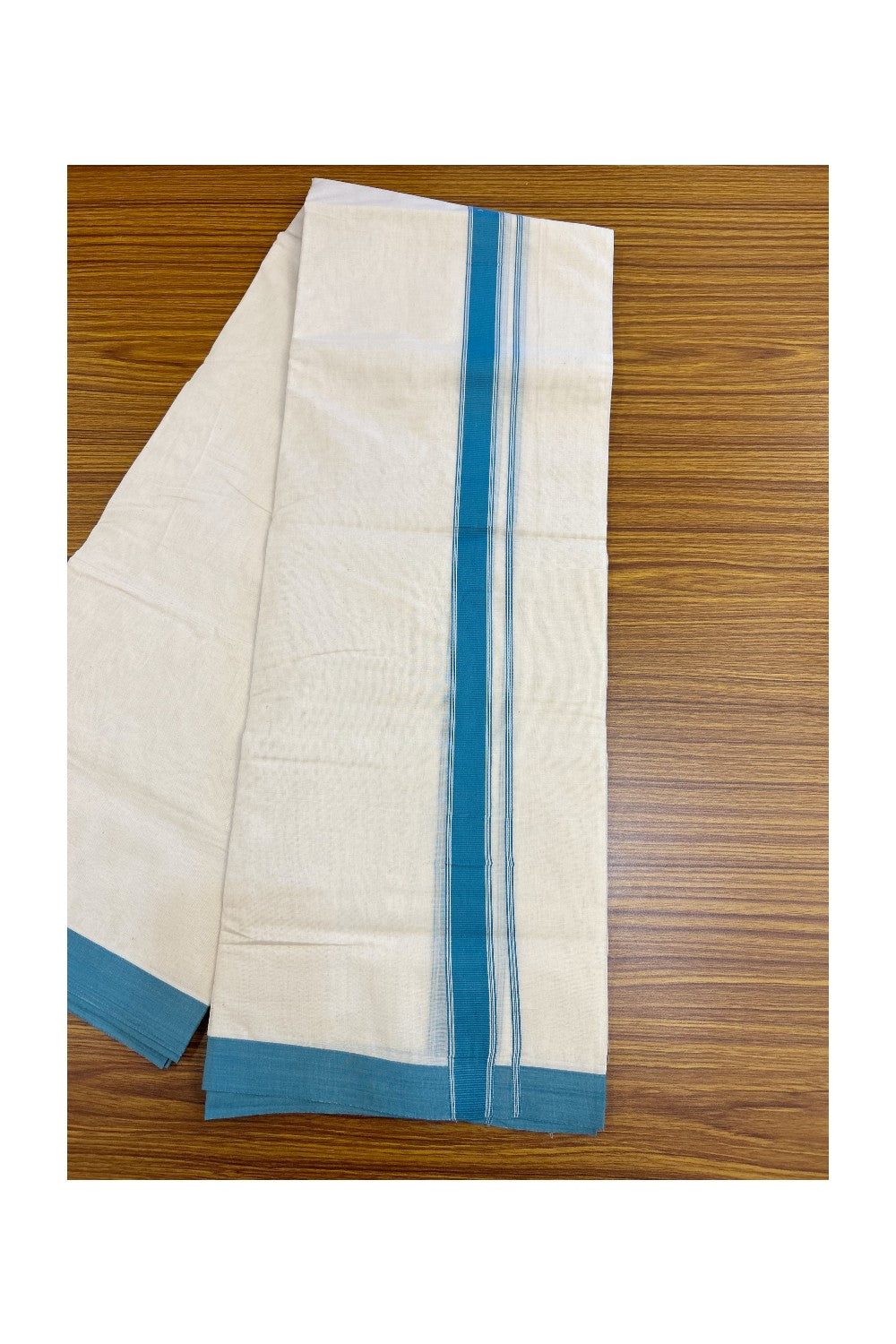 NEW !! 20% DISCOUNT!! KaithariKada Balaramapuram 100% Cotton Double Off white - (Unbleached) Mundu/Dhoti-100x80 - 1 inch Teal Blue Striped KARA - 3.75 mtr (8 Muzham) - 26KK5218 ASH