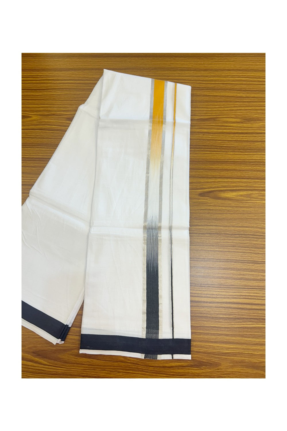 20% Discount!!! KaithariKada Balaramapuram Double PURE WHITE RAINBOW Mundu/Dhoti - 100X80 - 1.5 inch Silver Kasavu Orange Yellow & Black shaded Striped Designer Kara - 26KK5220 THI