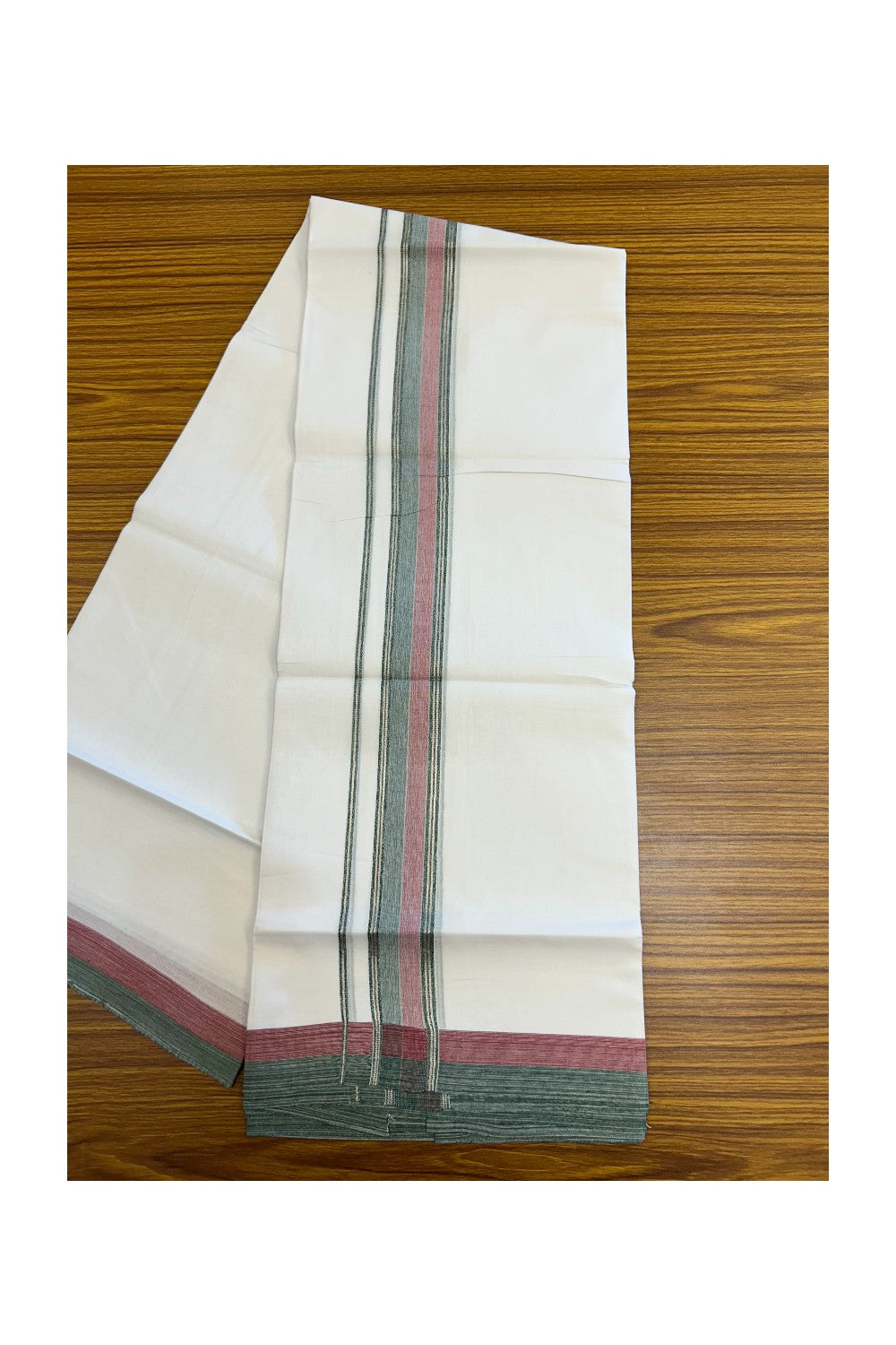 20% DISCOUNT! KaithariKada Balaramapuram 100% Cotton Double Pure white Mundu/Dhoti- 100x80 - 1.5 inch Silver Kasavu Green & Maroon Shaded Striped Kara - 3.84mtr ( 8 muzham) - 26KK5227 PMC