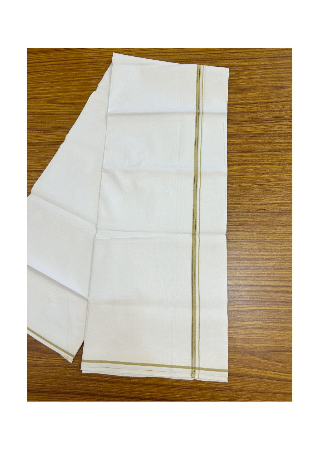 24% Discount !! KaithariKada Balaramapuram 100% Cotton Pure white Single Mundu/Dhoti - Twisted 60s Thread- 0.25 inch Brownish Yellow & Navy Blue Striped Kara (2 meter / 4 muzham) - 26KK5241 GL