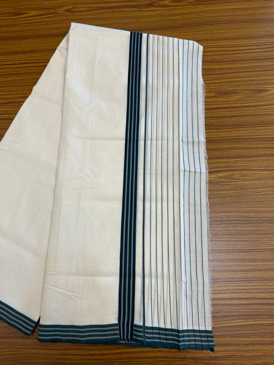 25% DISCOUNT!! KaithariKada HANDLOOM UNAKKUPAAV Balaramapuram - 100% PURE Cotton OFF White - (Unbleached) Double Mundu/Dothi - 100 x 80 - 1 inch Green Ash Side Stripes Kara 3.80 meter & 4 Meter - 26 KK5249 REA