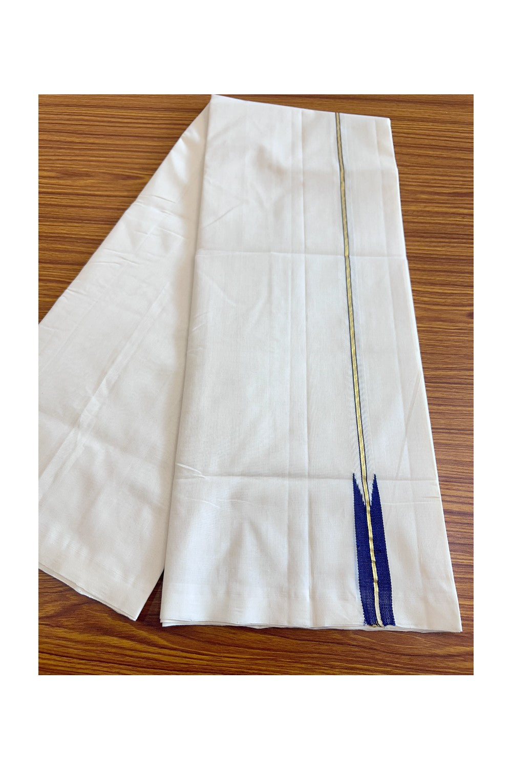 30% DISCOUNT!! KaithariKada HANDLOOM UNAKKUPAAV Balaramapuram - 100% PURE Cotton OFF White (Unbleached) Double Mundu/Dothi - Kasavu Deep Blue Chutty Puliyilakkara-26KK56RAM