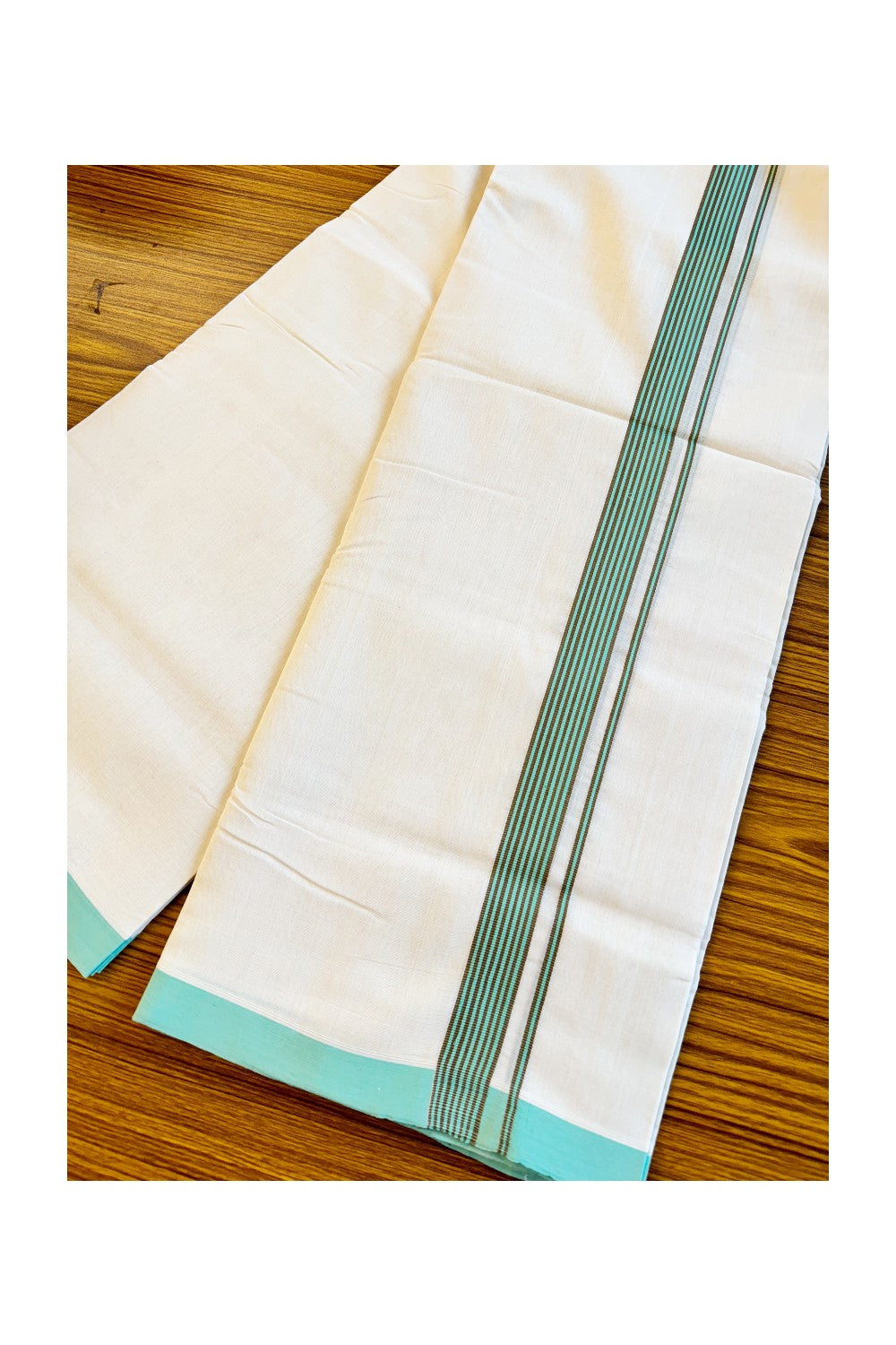 25% Discount!! KaithariKada Handloom Unakkupaavu Balaramapuram - 100% Pure Cotton Off White (Unbleached) Double Mundu/Dothi -Brown + Pista Green Striped 1 inch Kara- KK46SOM - 26.