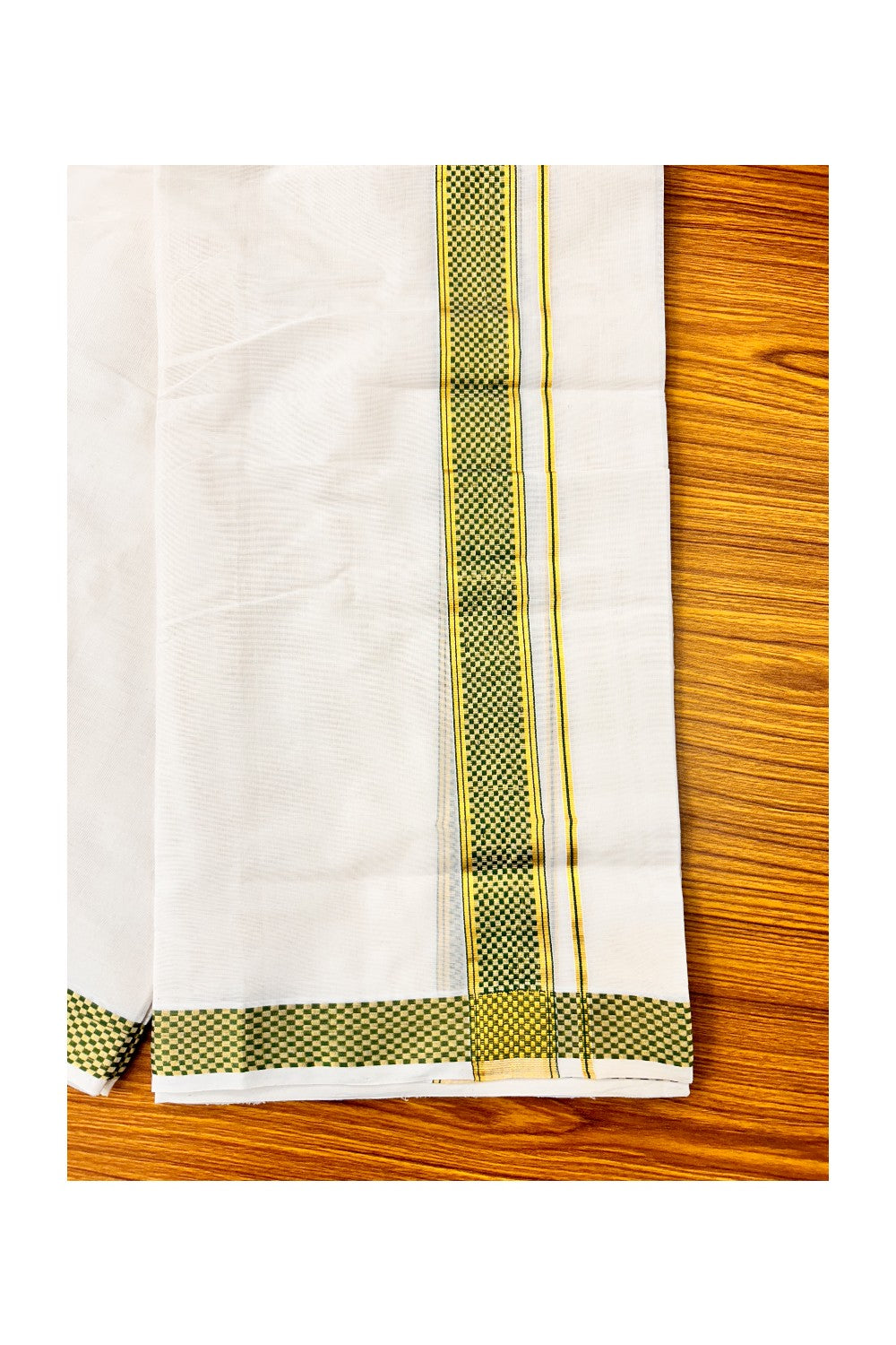25% DISCOUNT ! KaithariKada HANDLOOM Unakkupaav Balaramapuram - 100% PURE Cotton 3.75 Meter Off White (Unbleached) Double Mundu/Dhoti - Green Check & KASAVU DESIGN 2.5 Inch KARA 3 mtr - ABH26