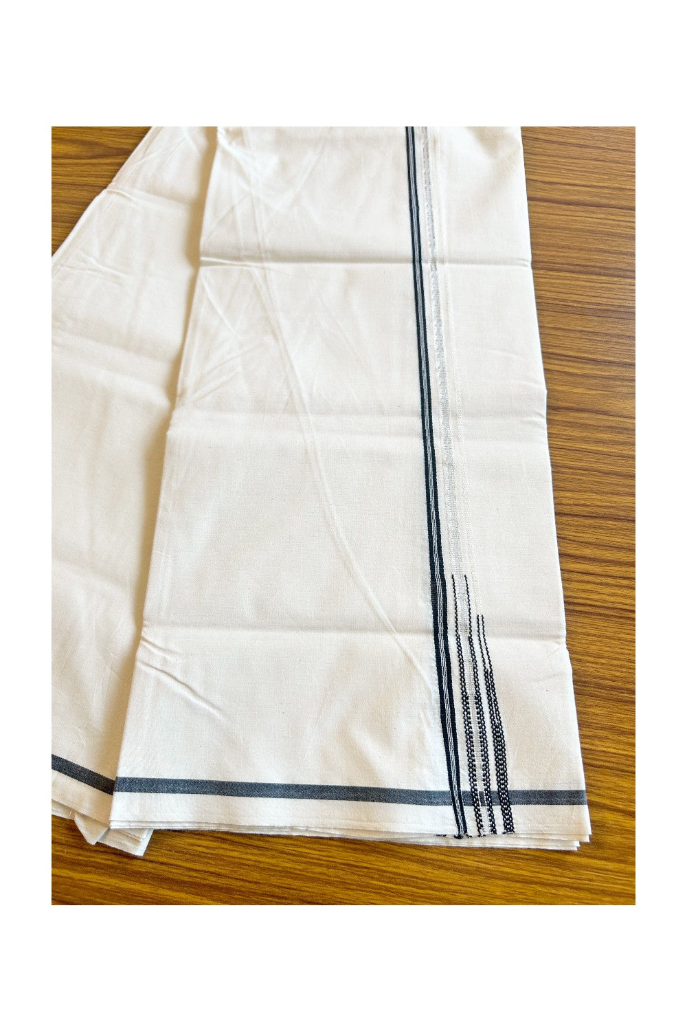 28% DISCOUNT ! KaithariKada Balaramapuram 100% COTTON SINGLE OFF WHITE - (Unbleached) Mundu/Dhoti-100X100- 0.25 Inch double chutty Black & Silver Kasavu Puliyilakkara Stripes(2 meter / 4 muzham) - 26KK411ASH