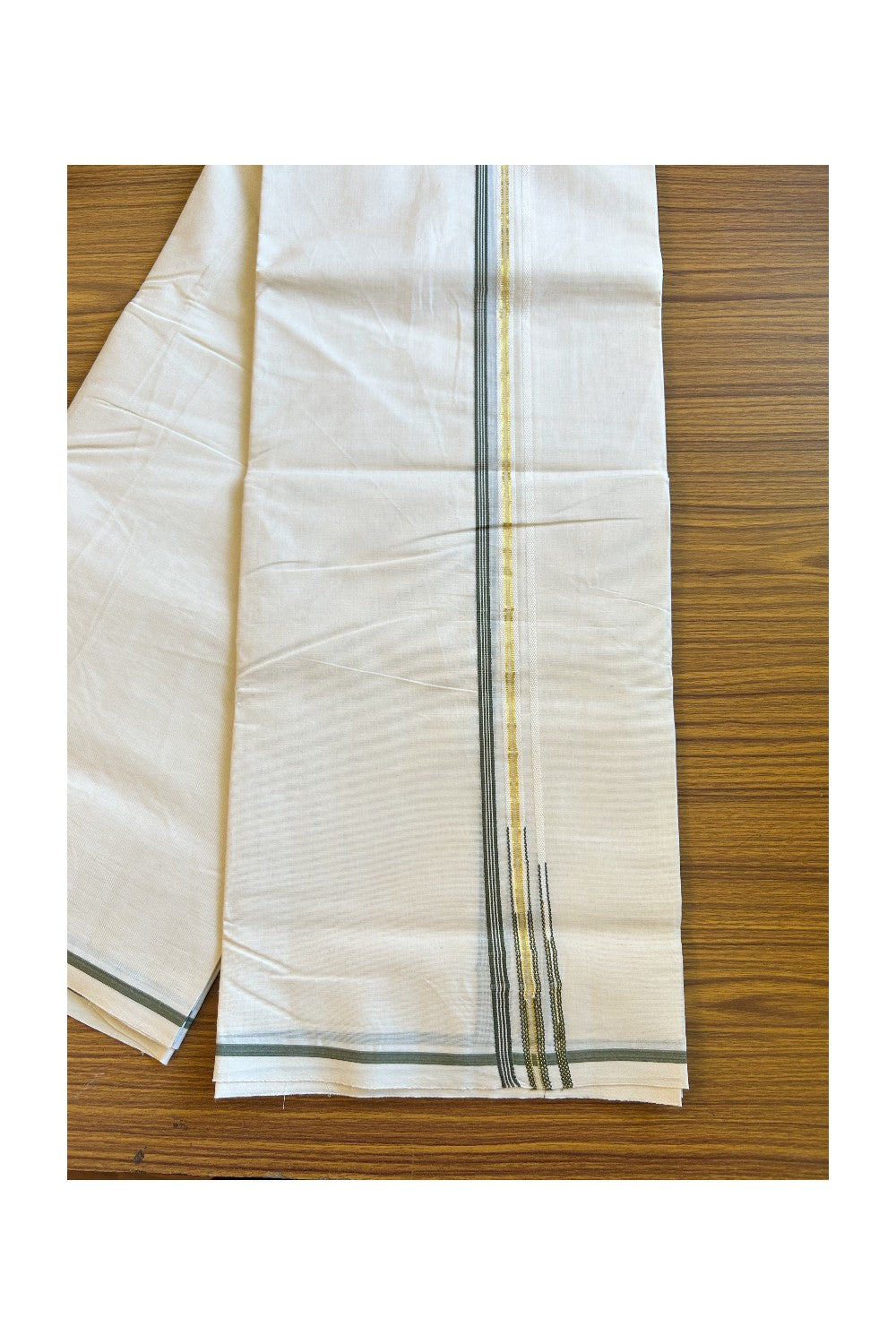 27% Discount Latest!! KaithariKada Balaramapuram 100% Cotton Off white (Unbleached) Double Mundu/Dhoti-100x100 1.cm Puliyilakkara Sage Green Striped kara & Kasavu Double Chutty - 26KK455ASH