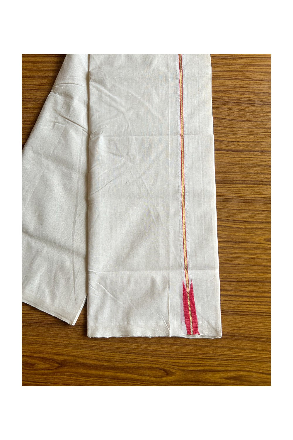 30% DISCOUNT!! KaithariKada HANDLOOM UNAKKUPAAV Balaramapuram - 100% PURE Cotton OFF White - (Unbleached) Double Mundu/Dothi - 0.75 inch Puliyilakkara Kasavu Red chutty - 26KK462RAM