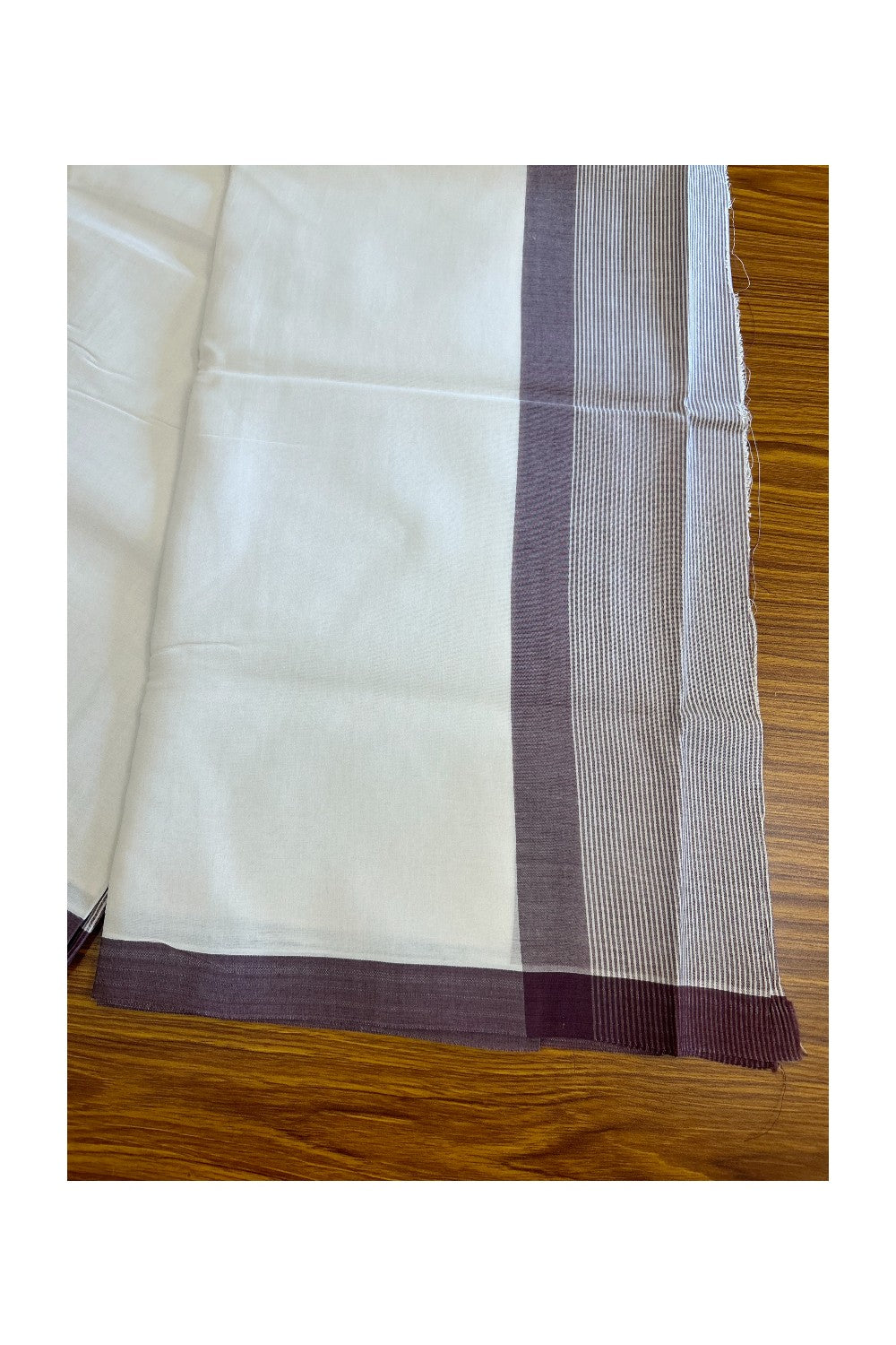 27% DISCOUNT!! KaithariKada Balaramapuram 100% Cotton PURE WHITE Double Mundu/Dhoti-100x100 - 5.25 inch Wine Purple & white striped kara - 26KK5043ASH
