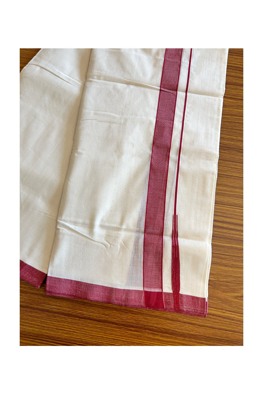 25% Discount!! KaithariKada Handloom Unakkupaavu Balaramapuram - 100% Pure Cotton Off White (Unbleached) Double Mundu/Dothi - 1.25 inch puliyilakkara Maroon chutty- 17KK400ASH