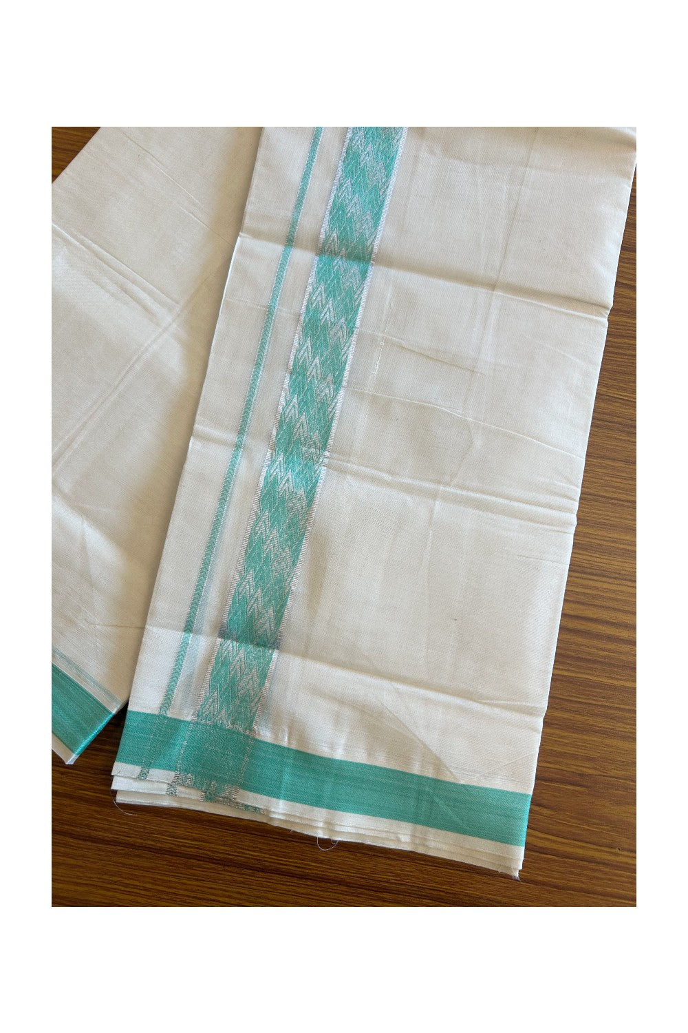 20% DISCOUNT ! KaithariKada Balaramapuram 100% Cotton Double off white (Unbleached) Mundu/Dhoti - 100X90 - 2.25 inch Silver kasavu & Turquoise Green design kara - 26KK5113PMC