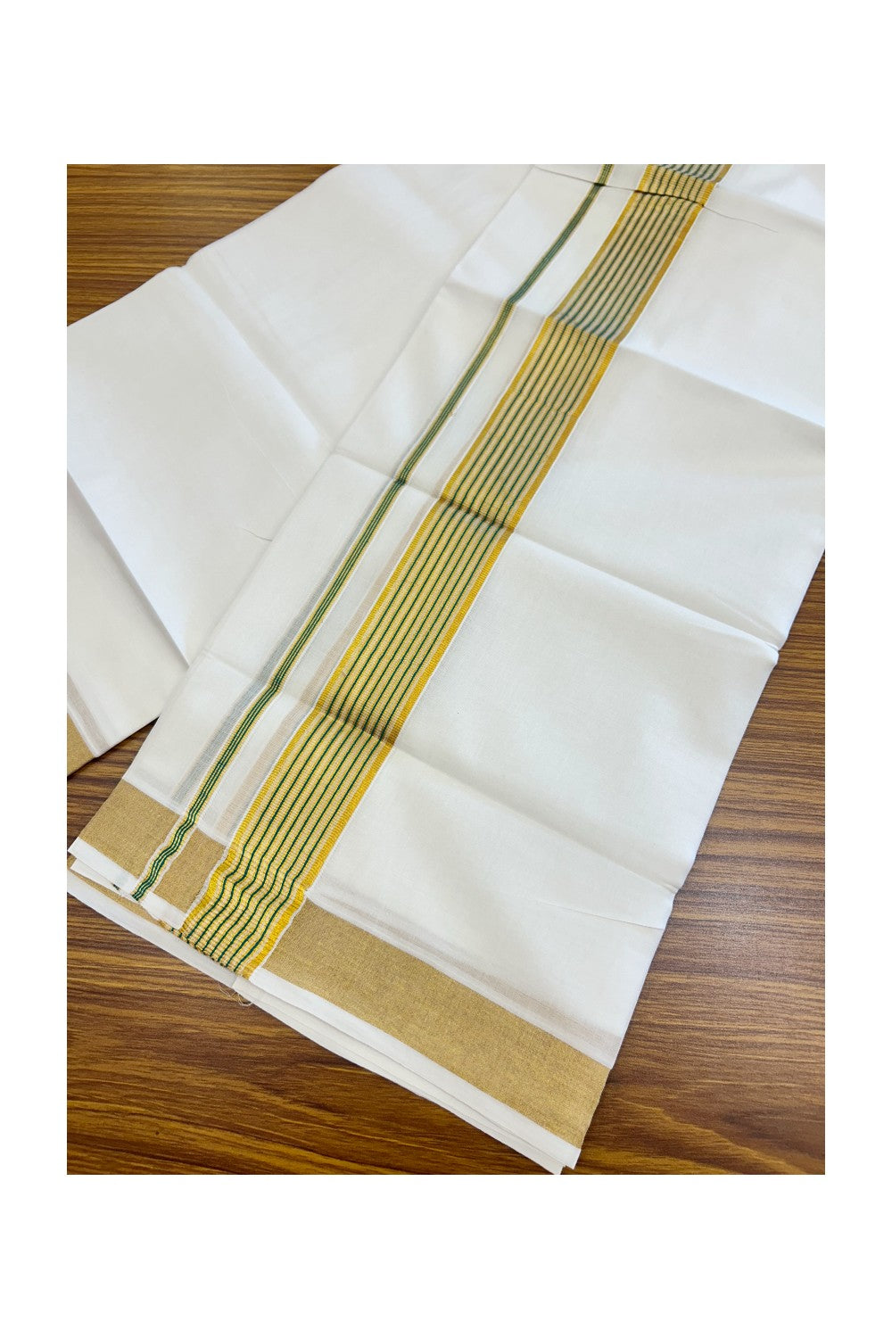 20% DISCOUNT! Kaitharikada Balaramapuram 100% Cotton PURE WHITE Double Mundu/Dothi- 80x80 - 1.75 Inch Gold Kasavu & Blue Green striped Kara -26KK5182VAS