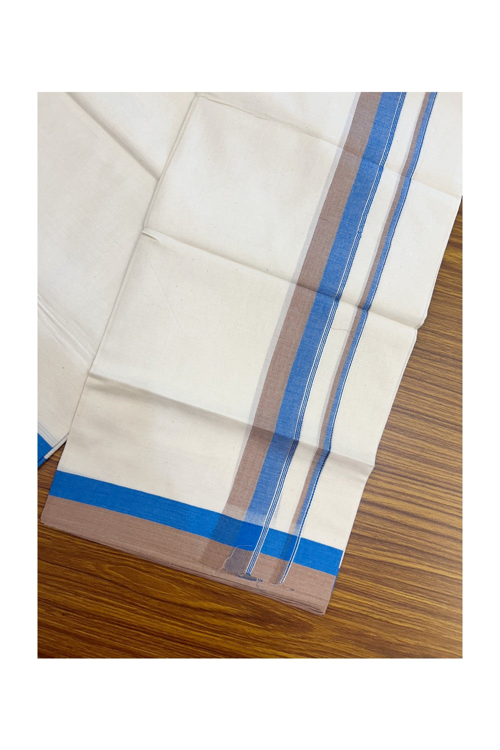 20% DISCOUNT !! KaithariKada Balaramapuram 100% Pure Cotton Double Off white - (Unbleached) Mundu/Dhoti-100x100 - 1.5 inch Puliyilakkara Silver Kasavu Blue & Brown Shaded Stripes Kara - 26KK5186CKS