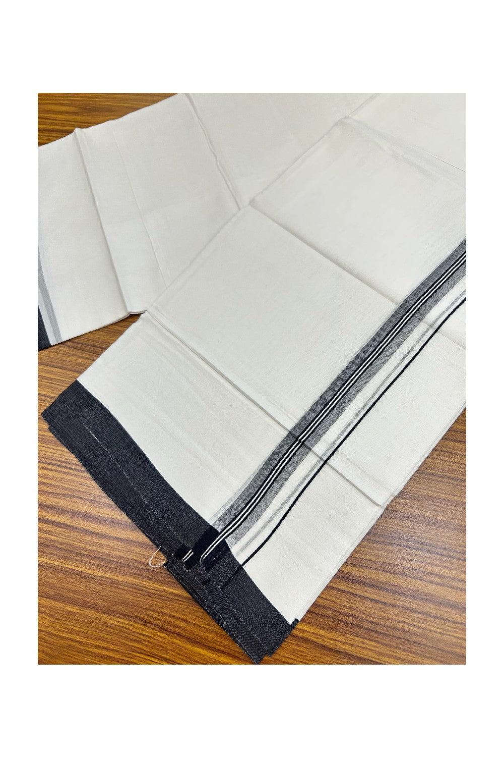 20% Discount!!! KaithariKada Balaramapuram DOUBLE PURE WHITE Mundu/Dhoti - 100X80 - 0.75 inch Black Striped & Shaded Designer Kara - 26KK5191CKS