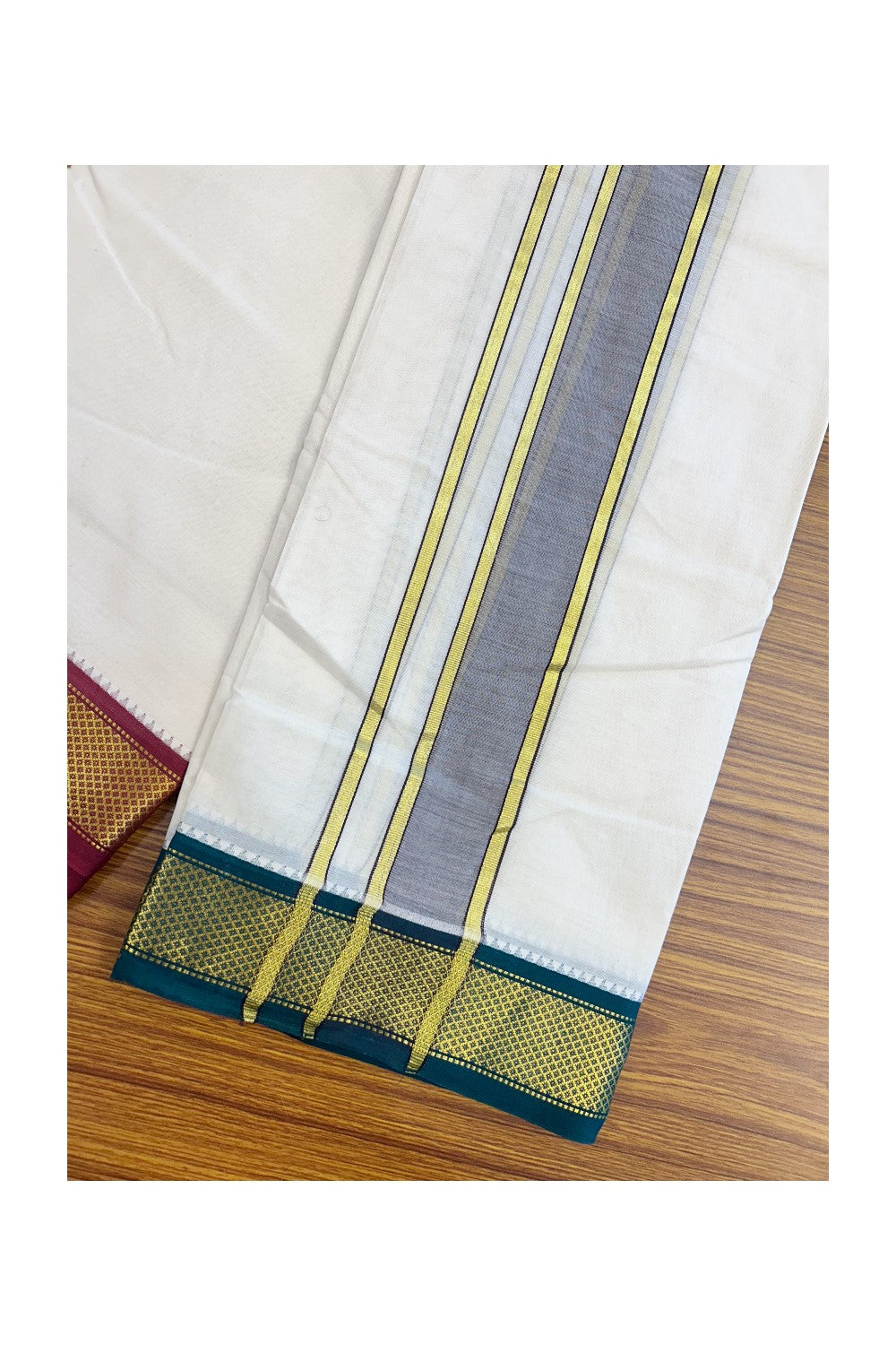 20% DISCOUNT! KaithariKada 100% Cotton Off White - (Unbleached) 100x100 thread - NORTH INDIAN- ATTACHED GAMCHA 10X6 Dhoti 2 inch Violet kara with Maroon & Dark Green Kasavu border - 26KK5196PMC