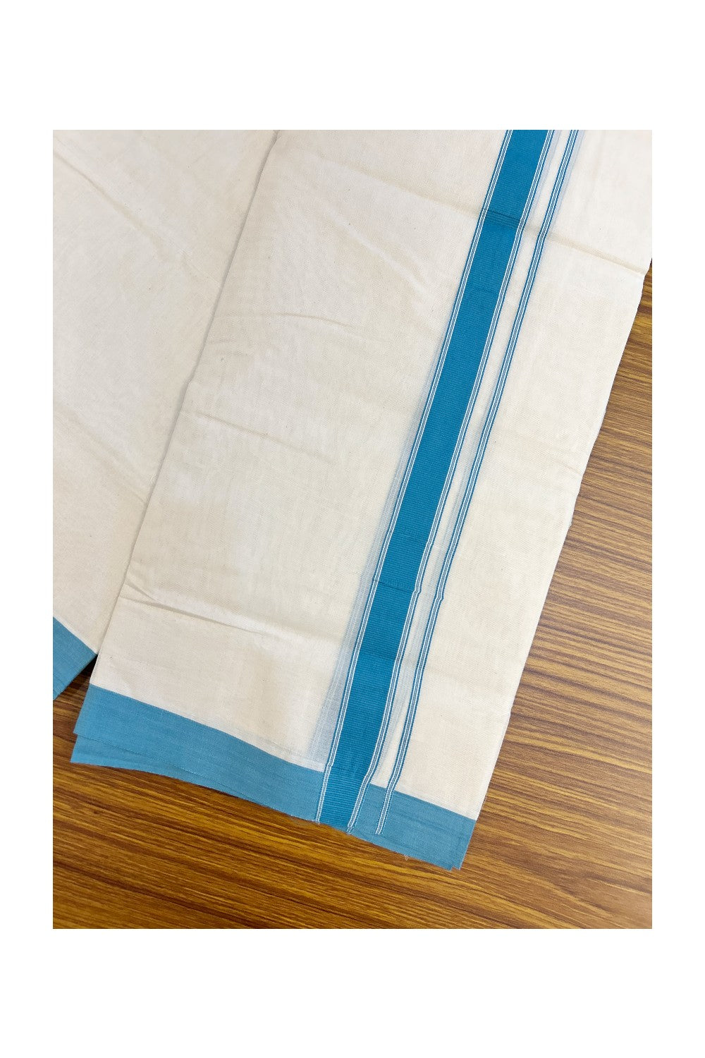 NEW !! 20% DISCOUNT!! KaithariKada Balaramapuram 100% Cotton Double Off white - (Unbleached) Mundu/Dhoti-100x80 - 1 inch Teal Blue Striped KARA - 3.75 mtr (8 Muzham) - 26KK5218 ASH