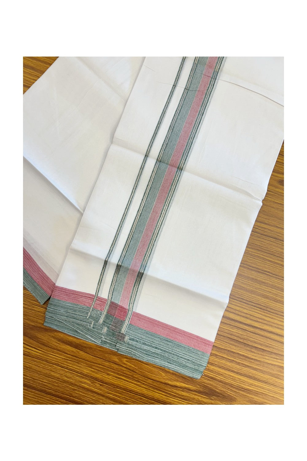 20% DISCOUNT! KaithariKada Balaramapuram 100% Cotton Double Pure white Mundu/Dhoti- 100x80 - 1.5 inch Silver Kasavu Green & Maroon Shaded Striped Kara - 3.84mtr ( 8 muzham) - 26KK5227 PMC