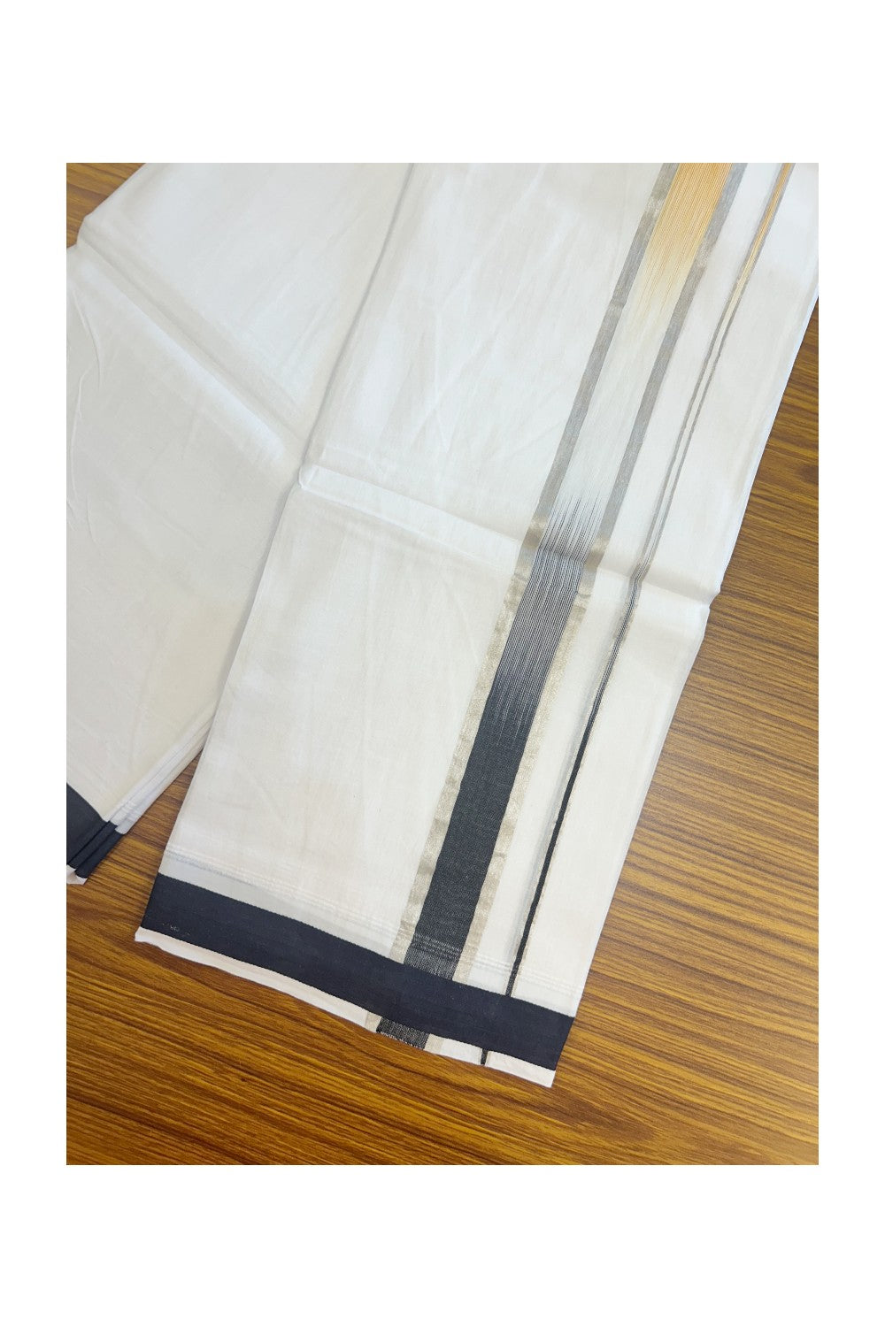 20% Discount!!! KaithariKada Balaramapuram Double PURE WHITE RAINBOW Mundu/Dhoti - 100X80 - 1.5 inch Silver Kasavu Orange Yellow & Black shaded Striped Designer Kara - 26KK5220 THI