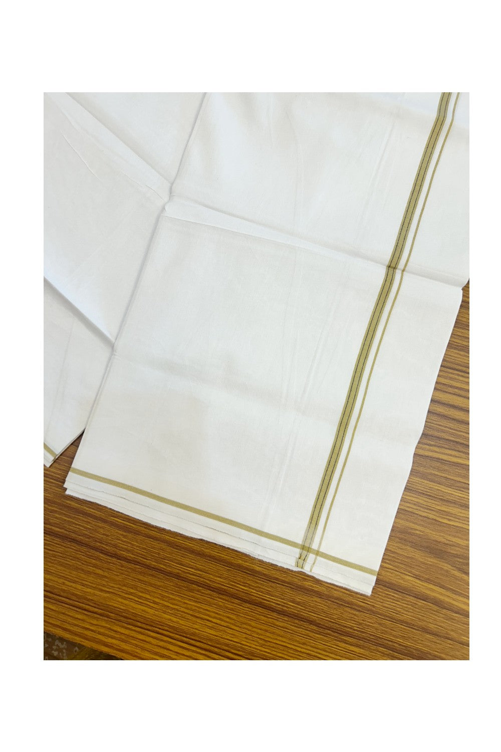 24% Discount !! KaithariKada Balaramapuram 100% Cotton Pure white Single Mundu/Dhoti - Twisted 60s Thread- 0.25 inch Brownish Yellow & Navy Blue Striped Kara (2 meter / 4 muzham) - 26KK5241 GL
