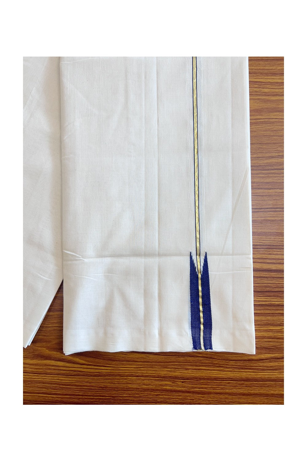 30% DISCOUNT!! KaithariKada HANDLOOM UNAKKUPAAV Balaramapuram - 100% PURE Cotton OFF White (Unbleached) Double Mundu/Dothi - Kasavu Deep Blue Chutty Puliyilakkara-26KK56RAM