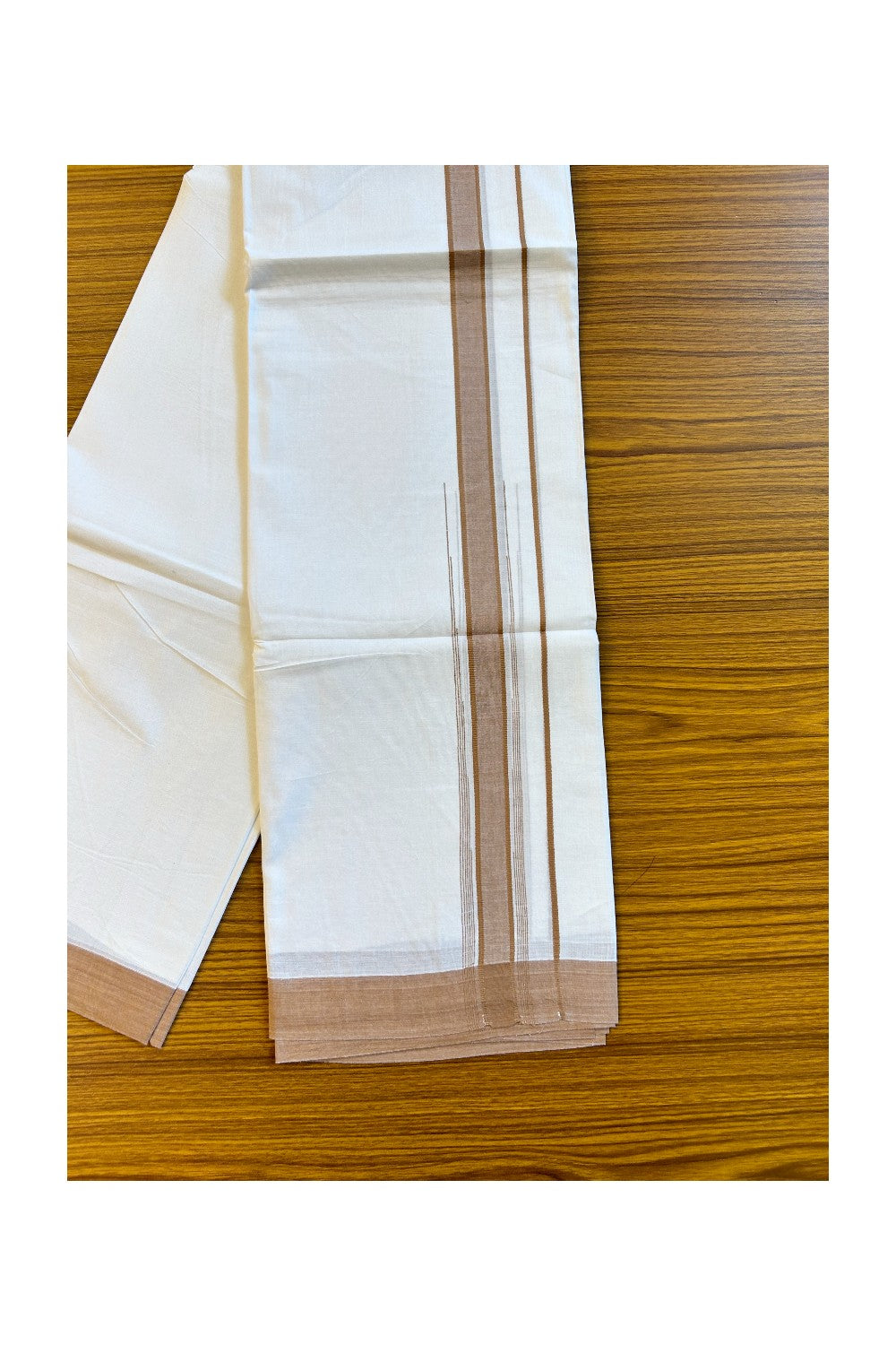 22% Discount!! Kaitharikada Balaramapuram 100% Cotton Pure White Double Mund/Dhoti-100x100 2.25 Inch Sand Brown Striped Cotton Kara 3.80m (8 Muzham) - 26KK74RAM