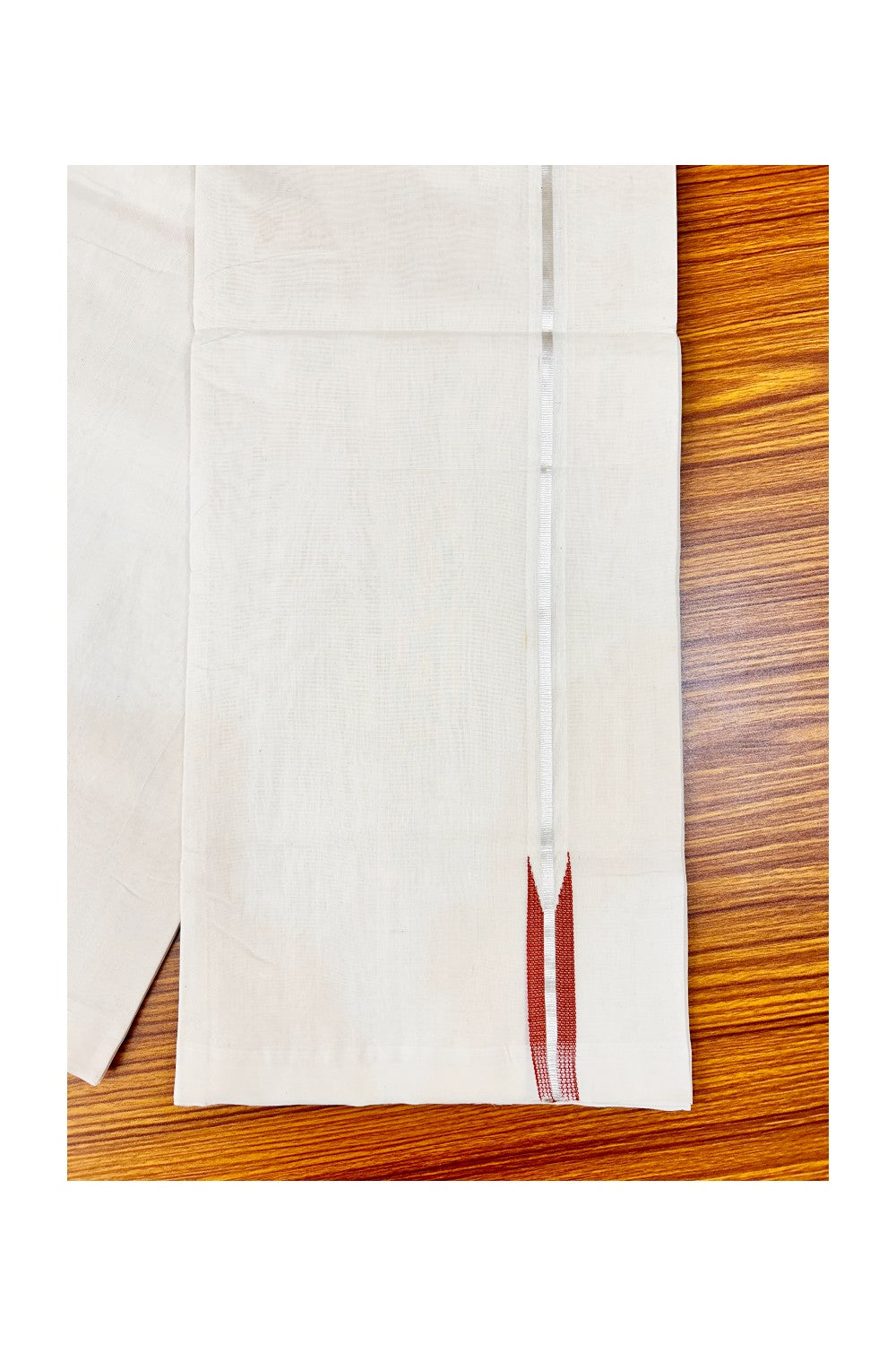 25% Discount! KaithariKada  Balaramapuram  Handloom Unakkupaav- 100%  Pure Cotton 100x100 Double Mundu/Dhoti  Off White  (Unbleached) -  Puliyilakkara Silver Kasavu & Brick Red Chutty Kara- 26RAM