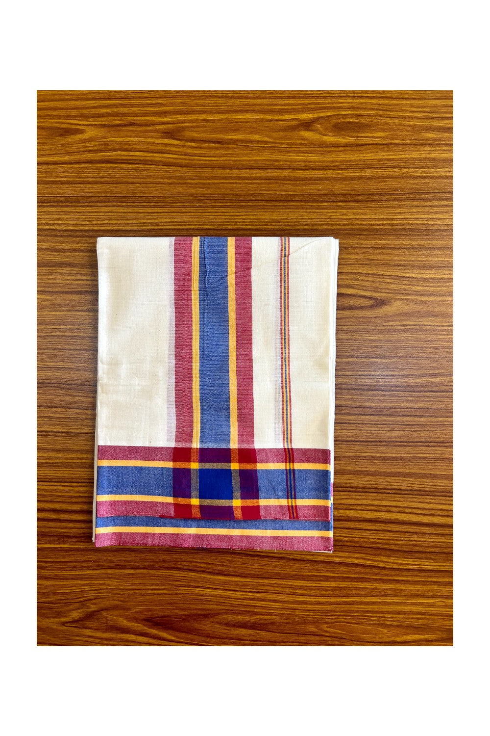 15% Discount!! KaithariKada - Kerala Cotton SINGLE SET MUND FOR WOMEN - EXTRA LENGTH - Maroon, Yellow & Blue Stripes Mulloth Kara- 26KK472CKA