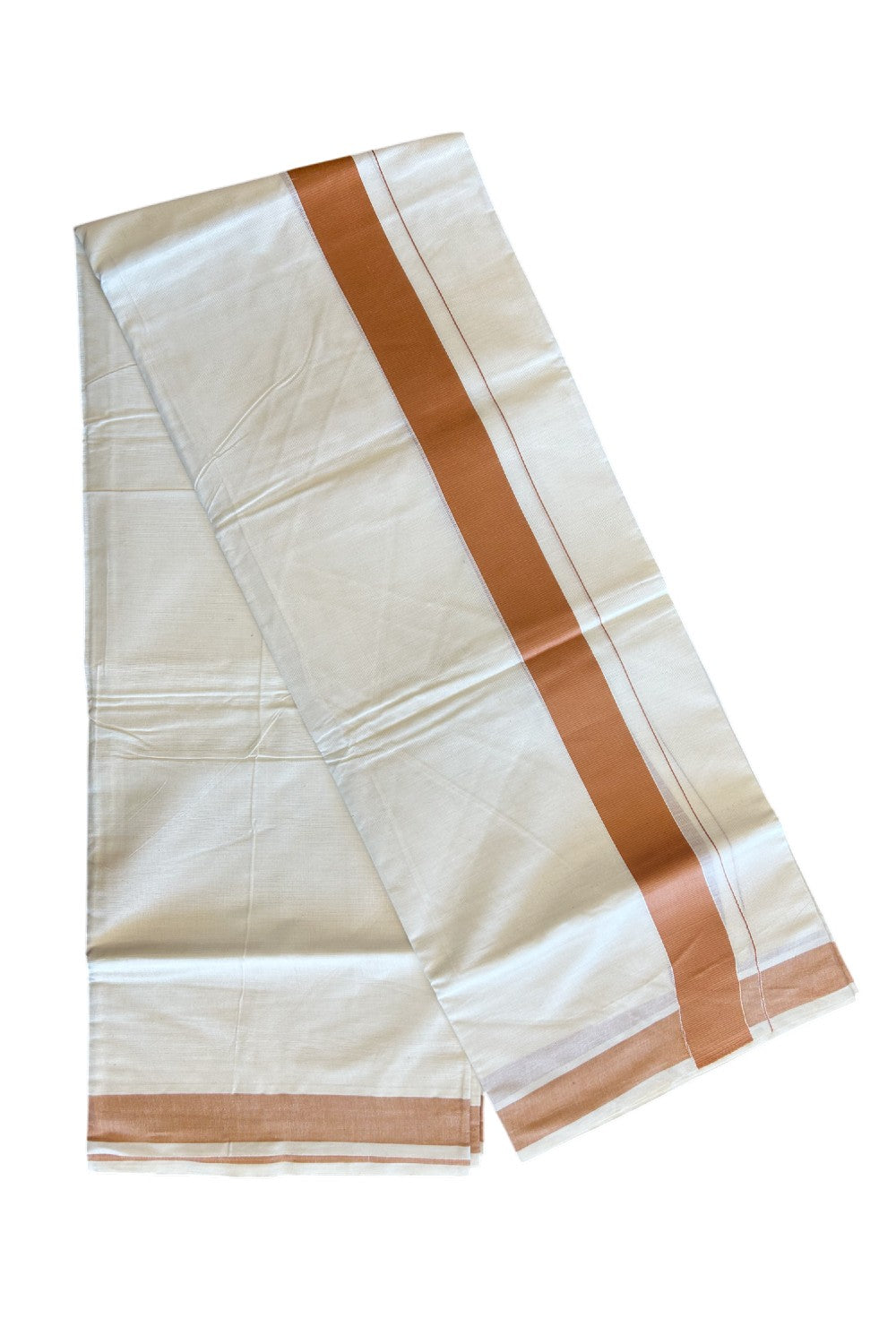 10% Discount! KaithariKada Balaramapuram 100% Cotton Double Off white -(Unbleached) - Mundu/Dhoti-100X100- 2 inch Orange Brown Kara- 63.