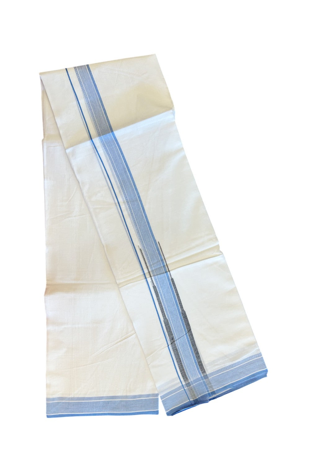 20% DISCOUNT!! Kaitharikada Balaramapuram 100% Cotton PURE WHITE Double Mundu/Dothi-80X90 - 1.75 Inch Sky Blue & Black Striped Chutty Kara 3.70m (8 Muzham) - 46KK5115THI