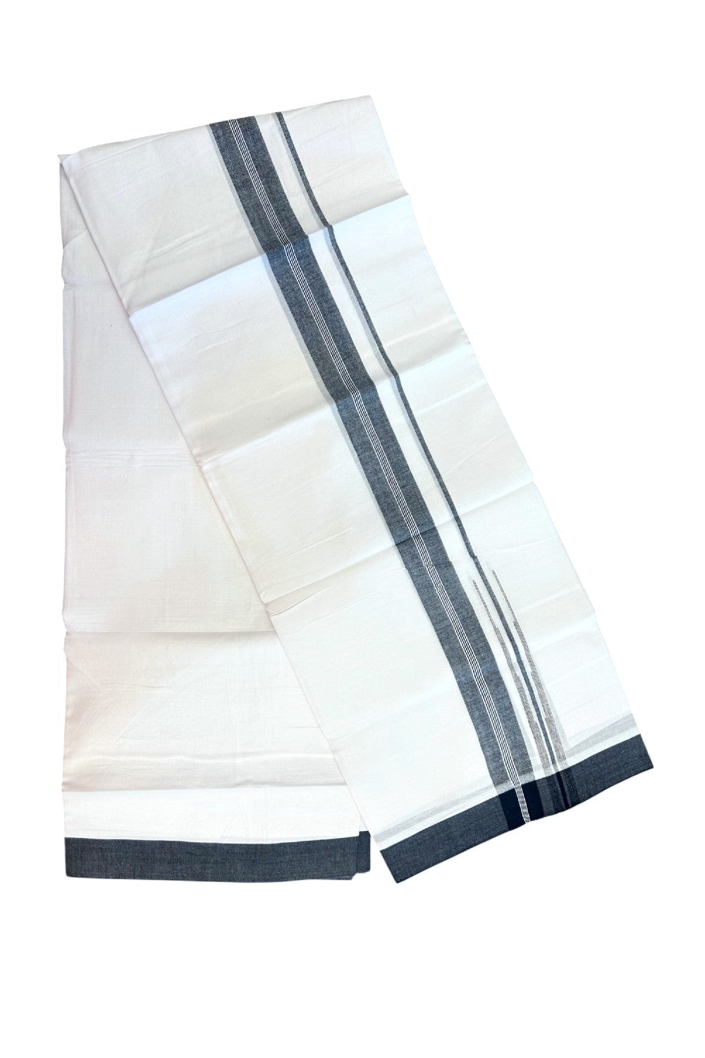 25% DISCOUNT!!! KaithariKada Balaramapuram 100% Cotton DOUBLE PURE WHITE Mundu/Dhoti - 80X80 - 1.5 Inch Black & White Shaded Centre Stripes Chutty kara - 27KK5171GAN