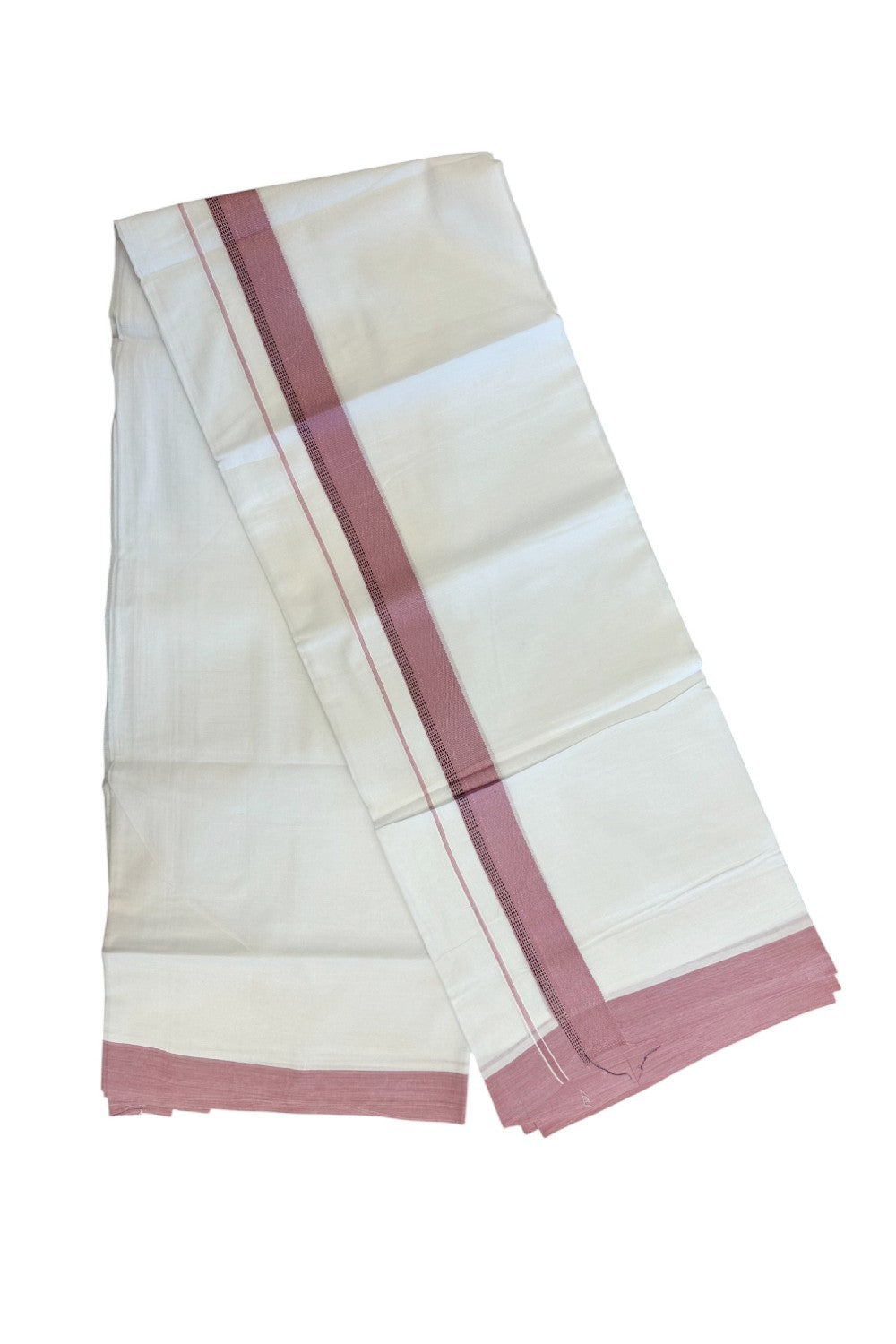 20% Discount ! Kaitharikada Balaramapuram 100% Cotton PURE WHITE Double Mundu/Dothi - 100x80 - 1.25 inch Dusty Rose & Black Side Striped Kara - 27KK5183VIN