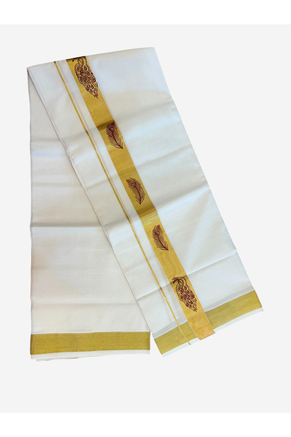 22% Discount!! KaithariKada Balaramapuram 100% Cotton DOUBLE OFF WHITE - (Ubleached) Mundu/Dhoti - 80x90 - 1.5 inch Gold Kasavu with Maroon Peacock & Peacock Feather Printed Design Kara - 27KK5219 GAN