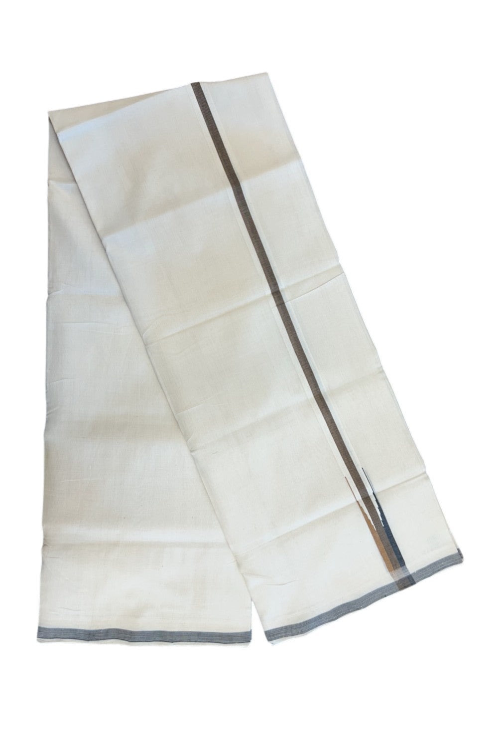 25% Discount! KaithariKada HANDLOOM UNAKKUPAAV Balaramapuram - 100% PURE Cotton OFF WHITE (Unbleached) Double Mundu/Dhoti - 80x90 - 2.5 cm Brown & Black stripes chutty 4 Mtr (8.5 Muzham) - 27KK5235 YAR