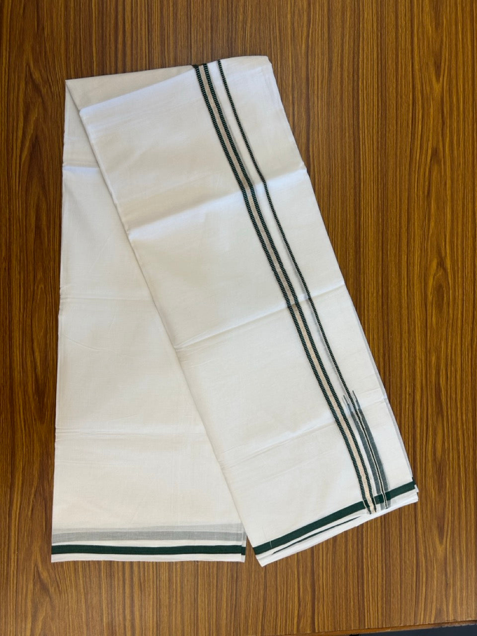20% Discount ! NEW! KaithariKada Balaramapuram 100% Cotton Pure white Double Mundu/Dhoti - (100x80)s - 0.75 inch Dark Green Chutty Silver Kasav - 27 KK5252 CKS