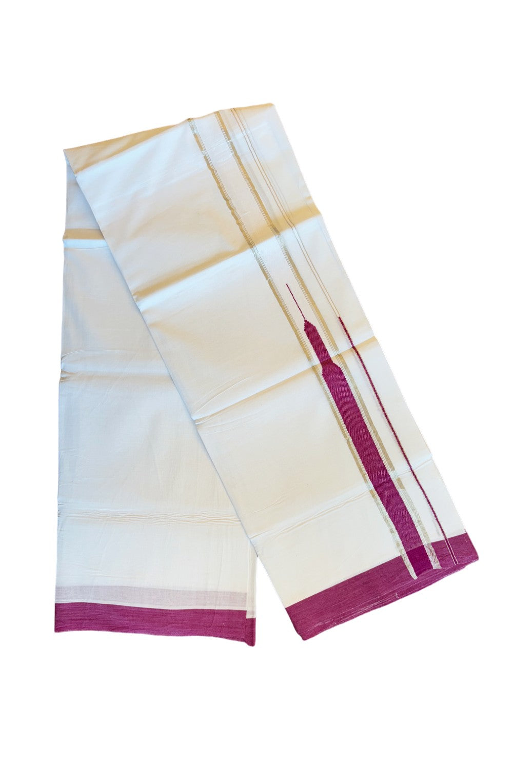 21% DISCOUNT! KaithariKada Balaramapuram 100% Cotton Double PURE white Mundu/Dhoti-100x92 2 Inch Heavy Designer Chutty MAGENTA & Silver Kasavu Kara- 27KK84CEE