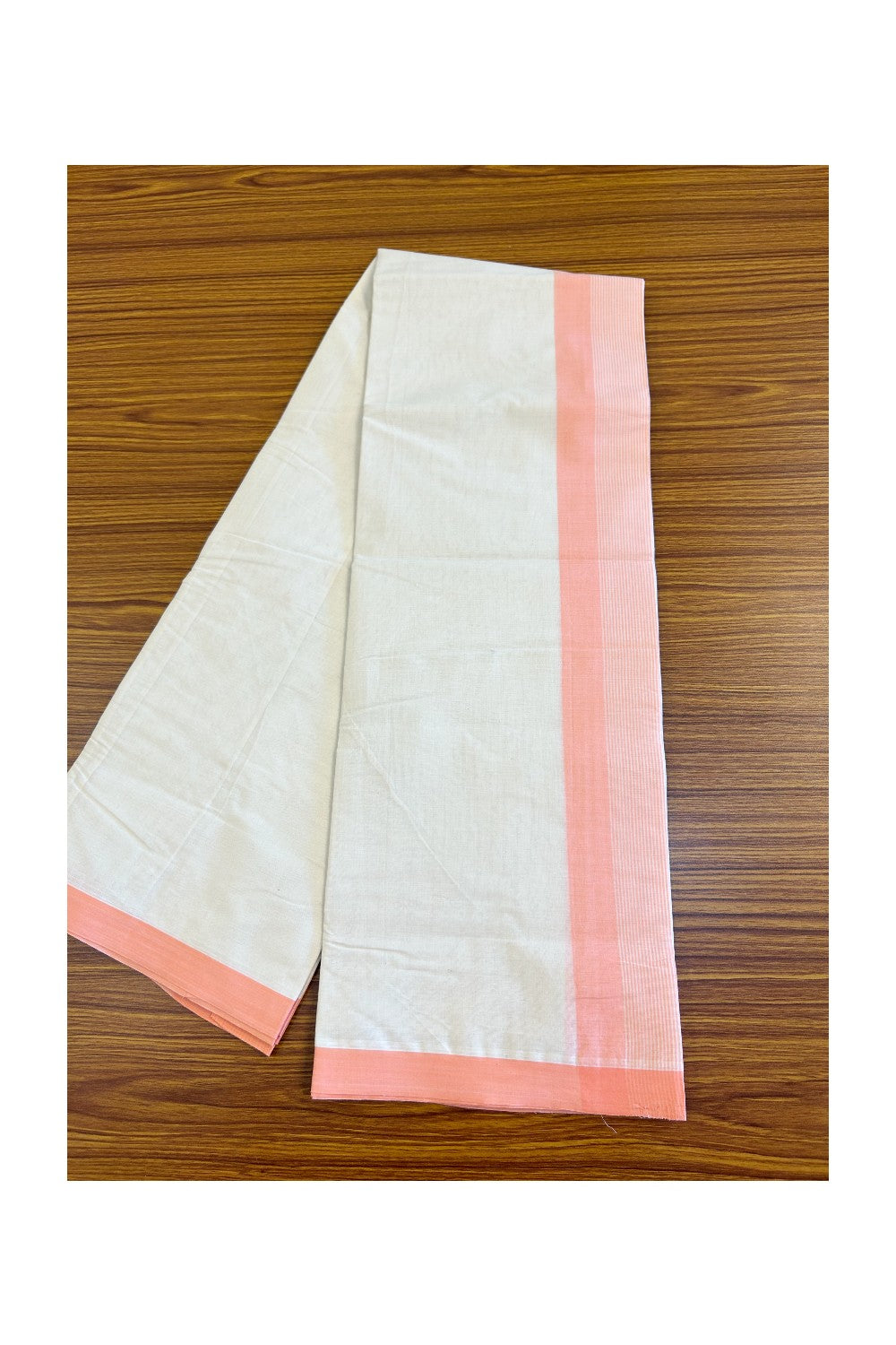 28% DISCOUNT! KaithariKada Balaramapuram 100% Cotton Double Off white Mundu/Dhoti-100x100 Peach Striped Kara- 27KK455ASH