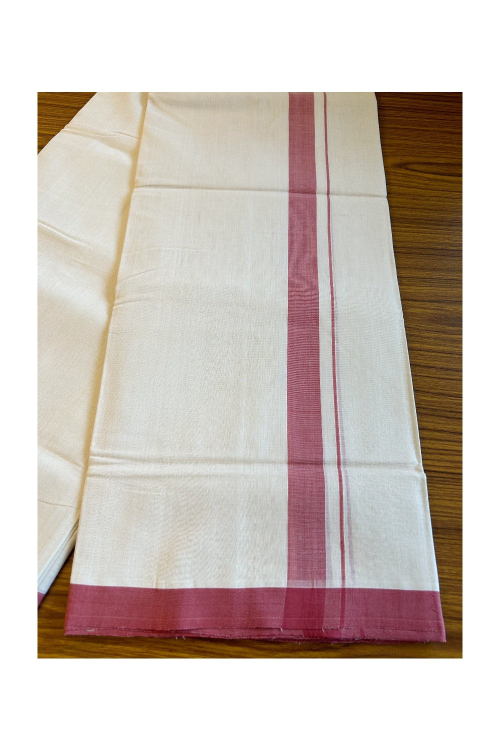 30% DISCOUNT!! KaithariKada HANDLOOM UNAKKUPAAV Balaramapuram - 100% PURE Cotton OFF White (Unbleached) Double Mundu/Dothi - 1.5 Inch Light Maroon Mulloth Kara - 27KK456KK