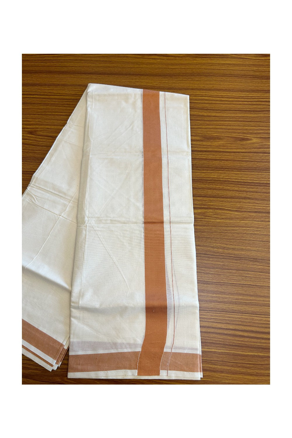 10% Discount! KaithariKada Balaramapuram 100% Cotton Double Off white -(Unbleached) - Mundu/Dhoti-100X100- 2 inch Orange Brown Kara- 63.