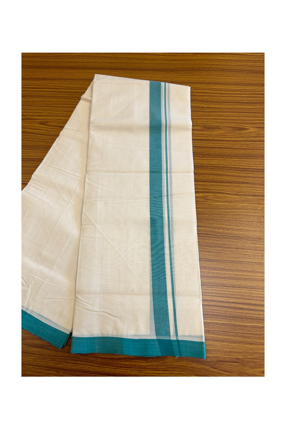 30% DISCOUNT! KaithariKada HANDLOOM UNAKKUPAAV Balaramapuram - 100% PURE Cotton off white (Unbleached) Double Mundu/Dhoti - 1.75 inch Turquoise Green Mulloth Design-92