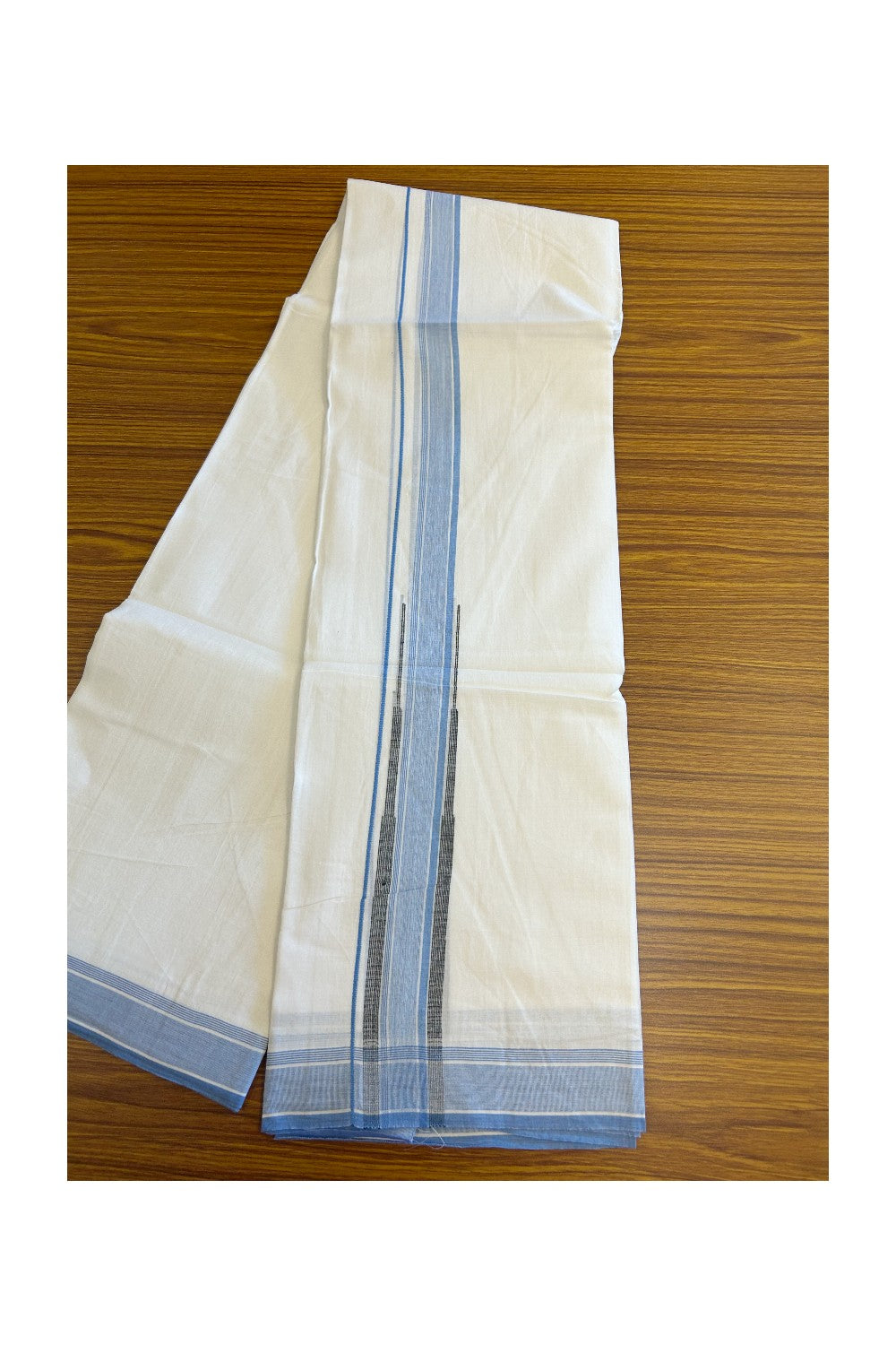 20% Discount!! Kaitharikada Balaramapuram 100% Cotton Pure White Double Mundu/Dothi-80X90 - 1.75 Inch Sky Blue & Black Striped Chutty Kara 3.70m (8 Muzham) - 46KK5115THI