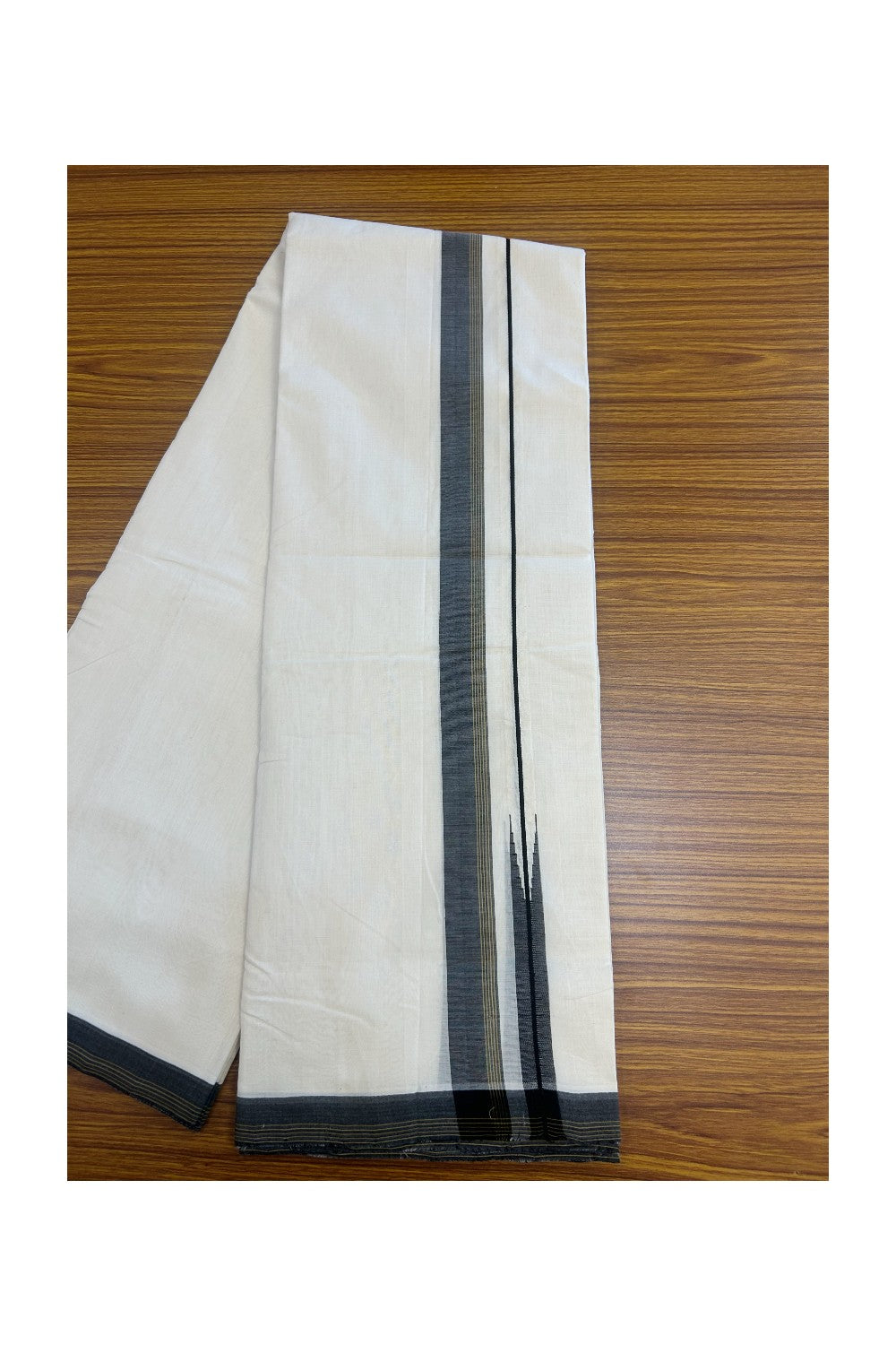 25% DISCOUNT!! KaithariKada HANDLOOM UNAKKUPAAV Balaramapuram - 100% PURE Cotton OFF White - 100x100 - (Unbleached) Double Mundu/Dothi - Puliyilakkara 3 cm Black & Mustard Yellow striped chutty 3.80 meter (8.5 Muzham) - 9KK5167REA