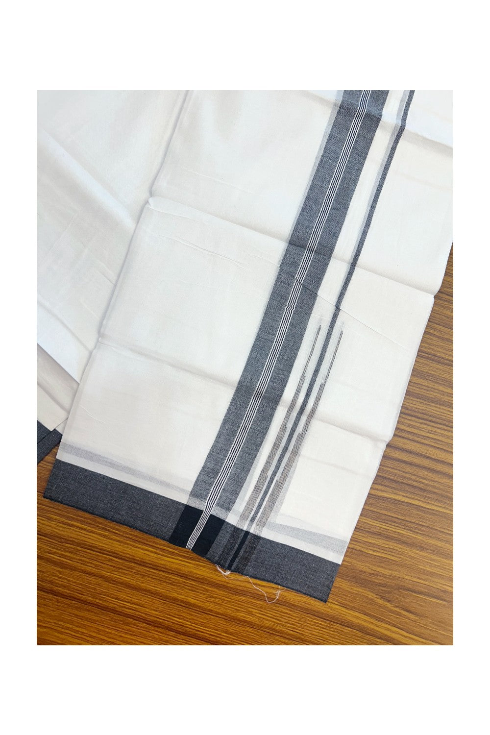 25% DISCOUNT!!! KaithariKada Balaramapuram 100% Cotton DOUBLE PURE WHITE Mundu/Dhoti - 80X80 - 1.5 Inch Black & White Shaded Centre Stripes Chutty kara - 27KK5171GAN