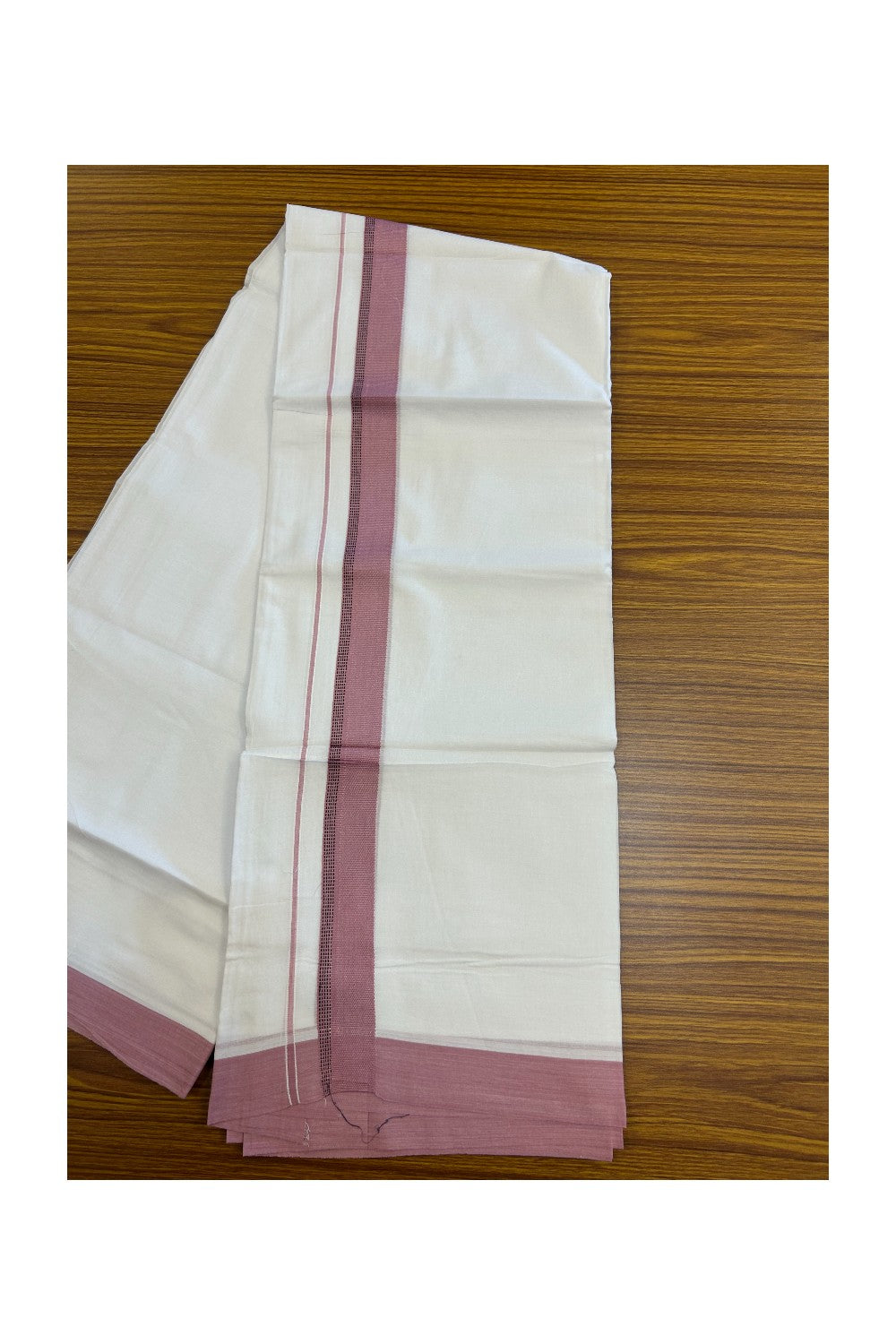 20% Discount ! Kaitharikada Balaramapuram 100% Cotton PURE WHITE Double Mundu/Dothi - 100x80 - 1.25 inch Dusty Rose & Black Side Striped Kara - 27KK5183VIN