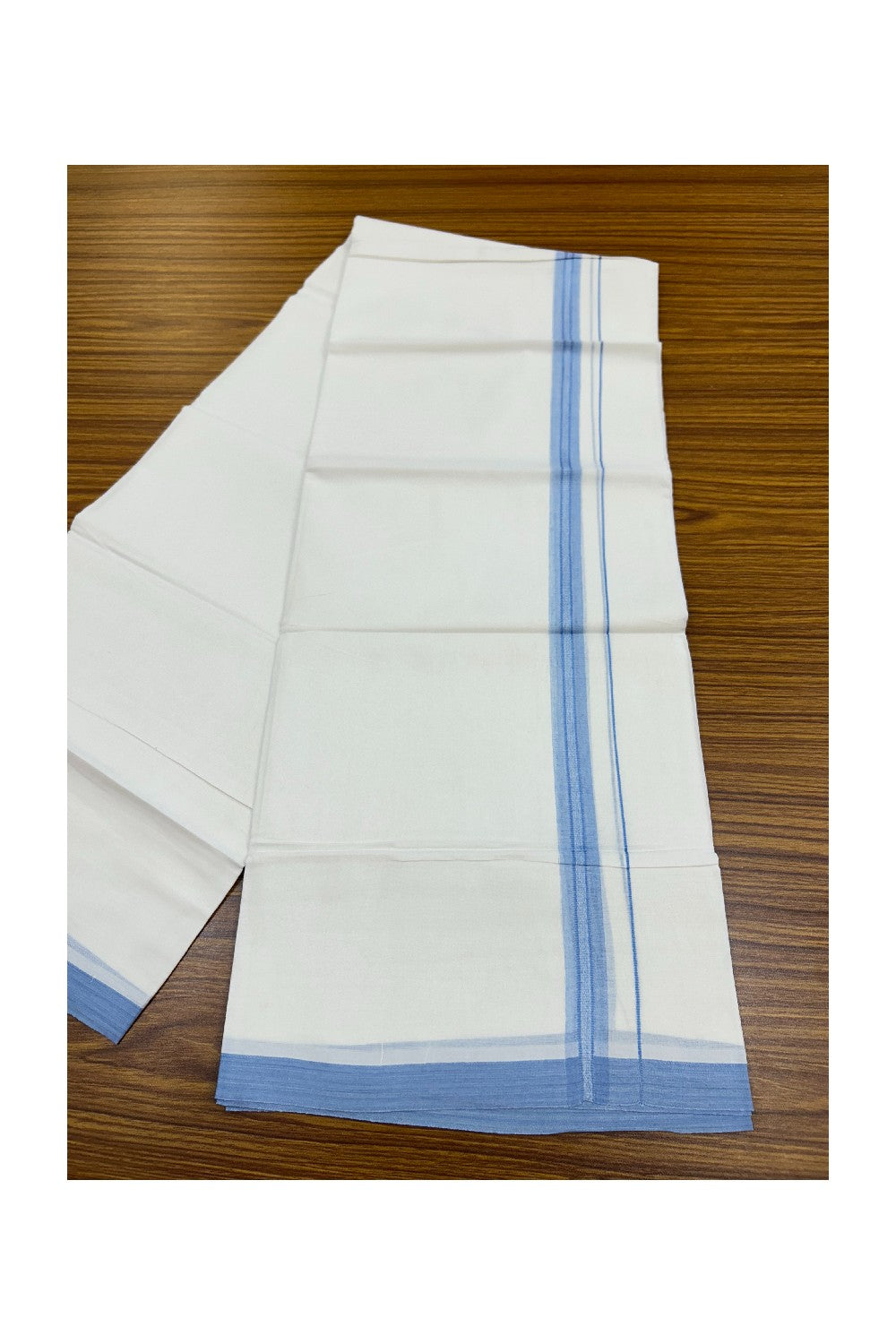 20% Discount!!! KaithariKada Balaramapuram DOUBLE PURE WHITE Mundu/Dhoti - 100X80 - 0.75 inch Sky Blue Striped & Shaded Designer Kara - 27KK5191CKS