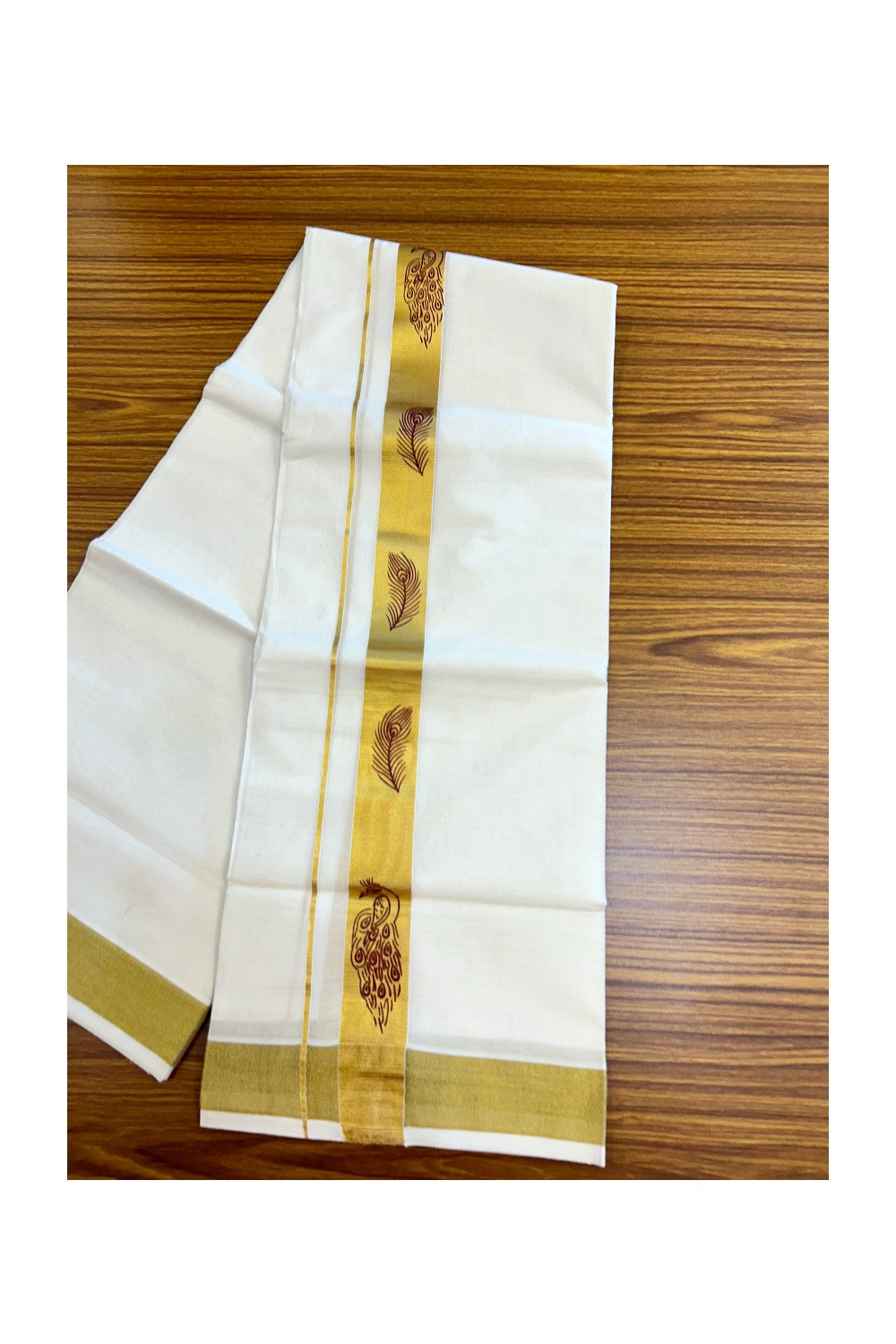 22% Discount!! KaithariKada Balaramapuram 100% Cotton DOUBLE OFF WHITE - (Ubleached) Mundu/Dhoti - 80x90 - 1.5 inch Gold Kasavu with Maroon Peacock & Peacock Feather Printed Design Kara - 27KK5219 GAN