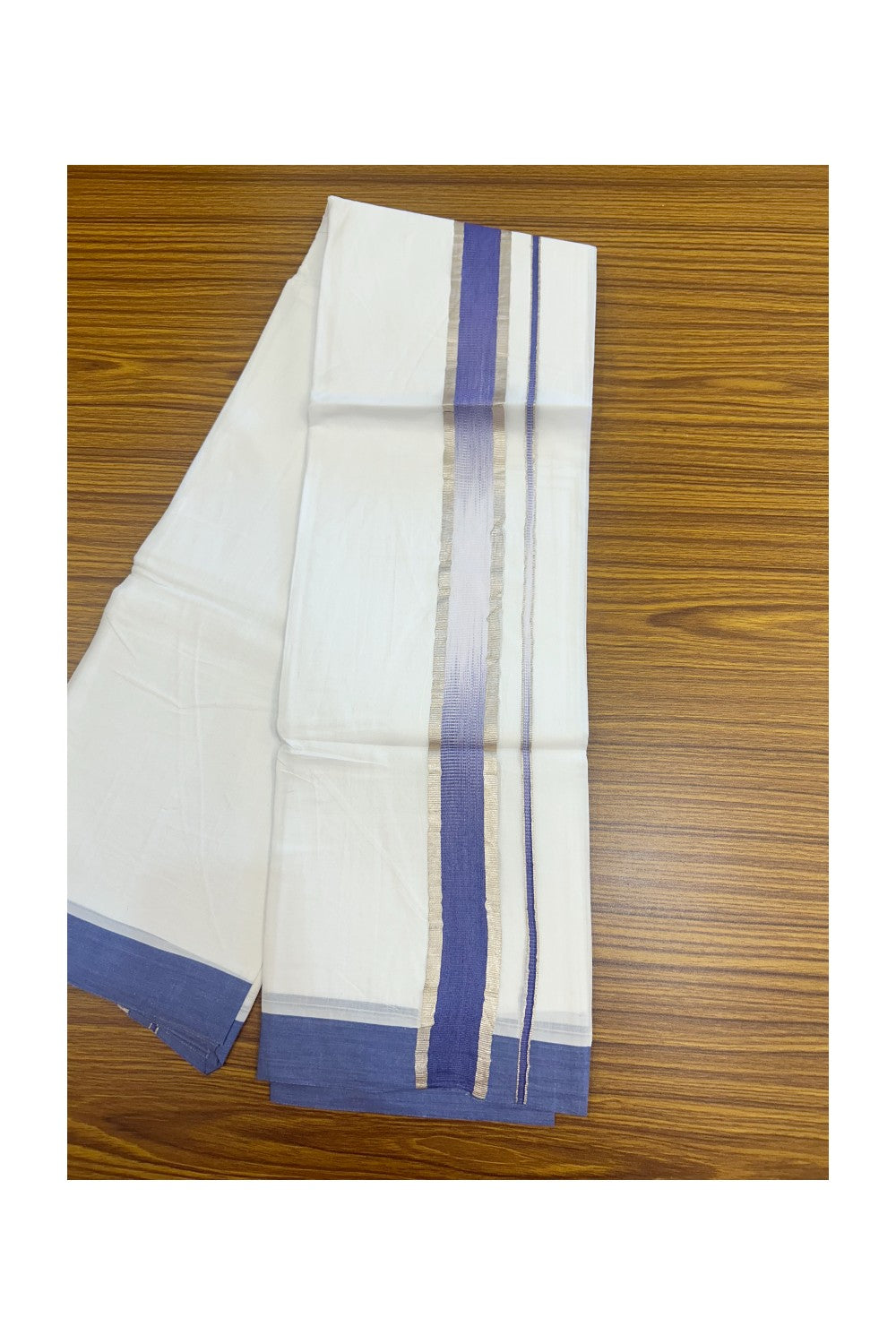 20% Discount!!! KaithariKada Balaramapuram Double PURE WHITE RAINBOW Mundu/Dhoti - 100X80 - 1.75 inch Silver Kasavu Violet Blue shaded Striped Designer Kara - 27KK5220 THI