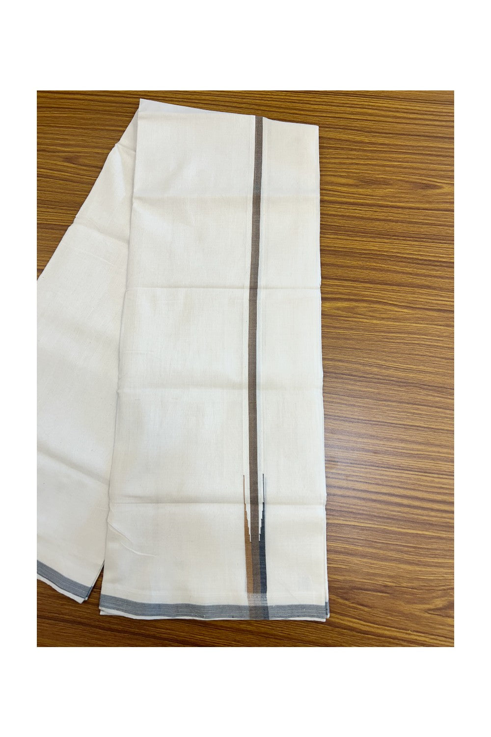 25% Discount! KaithariKada HANDLOOM UNAKKUPAAV Balaramapuram - 100% PURE Cotton OFF WHITE (Unbleached) Double Mundu/Dhoti - 80x90 - 2.5 cm Brown & Black stripes chutty 4 Mtr (8.5 Muzham) - 27KK5235 YAR