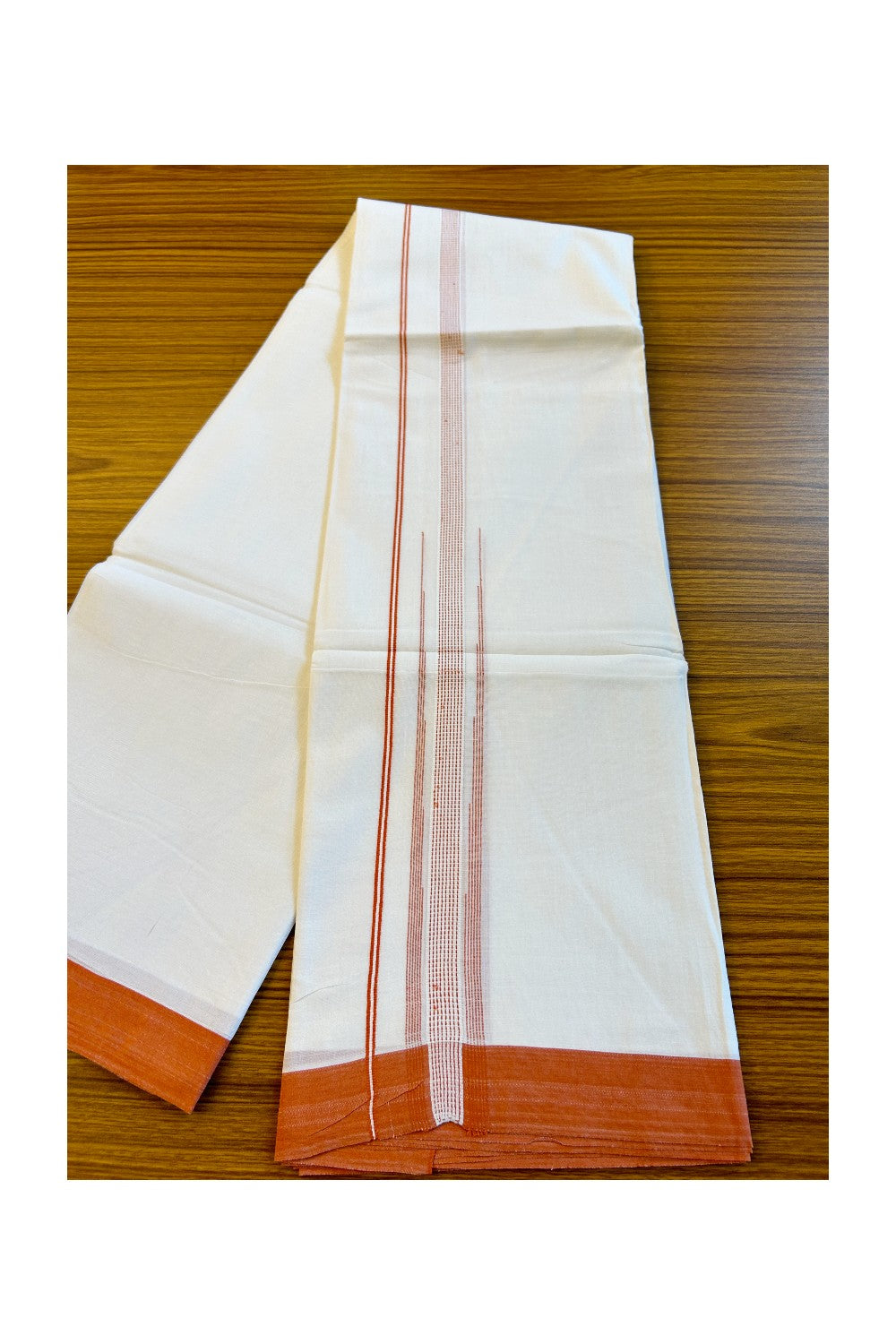 22% Discount!! Kaitharikada Balaramapuram 100% Cotton Pure White Double Mund/Dhoti-100x100   2 Inch Orange Striped Cotton Kara 3.80m (8 Muzham) - 27KK74RAM