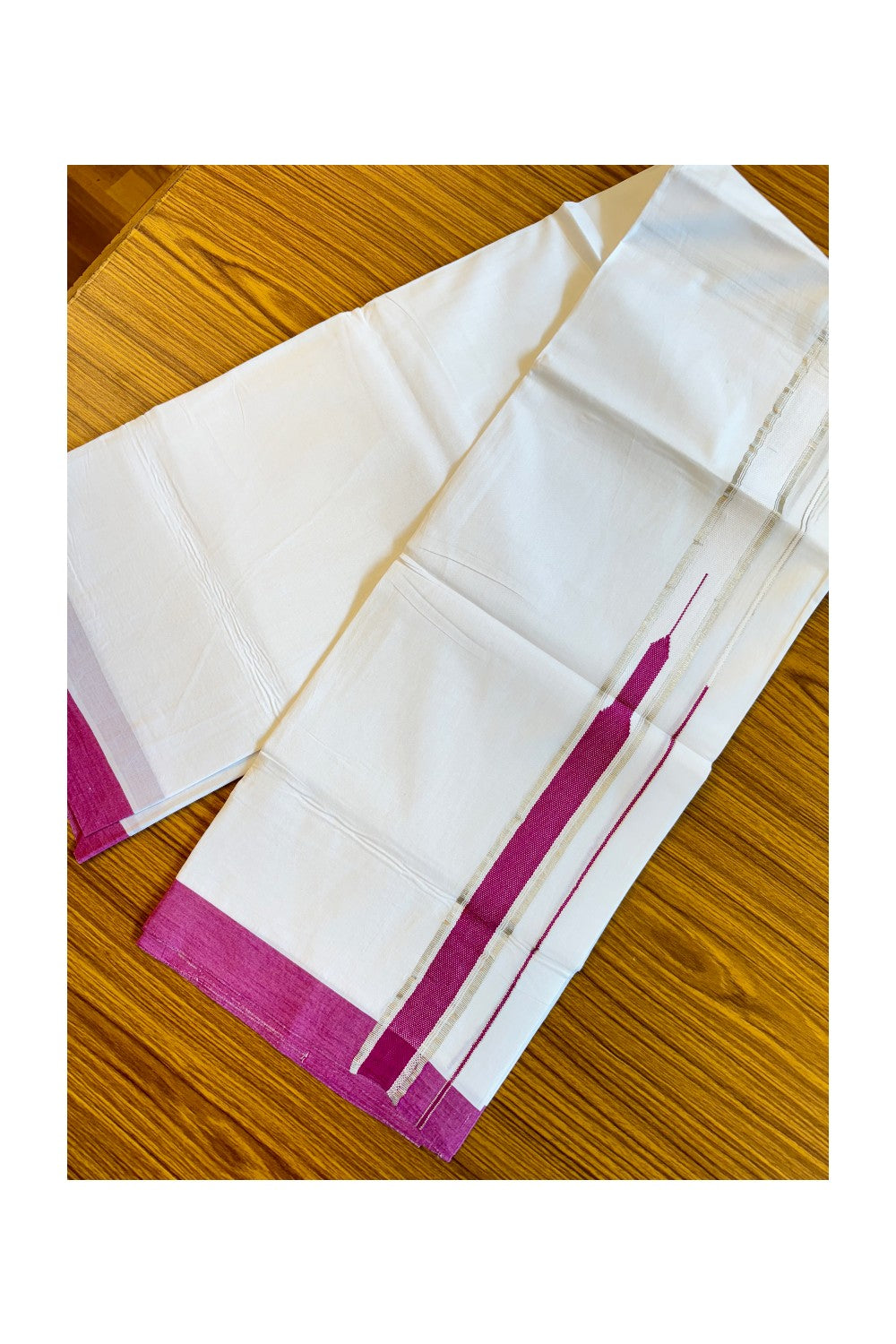 21% DISCOUNT! KaithariKada Balaramapuram 100% Cotton Double PURE white Mundu/Dhoti-100x92 2 Inch Heavy Designer Chutty MAGENTA & Silver Kasavu Kara- 27KK84CEE