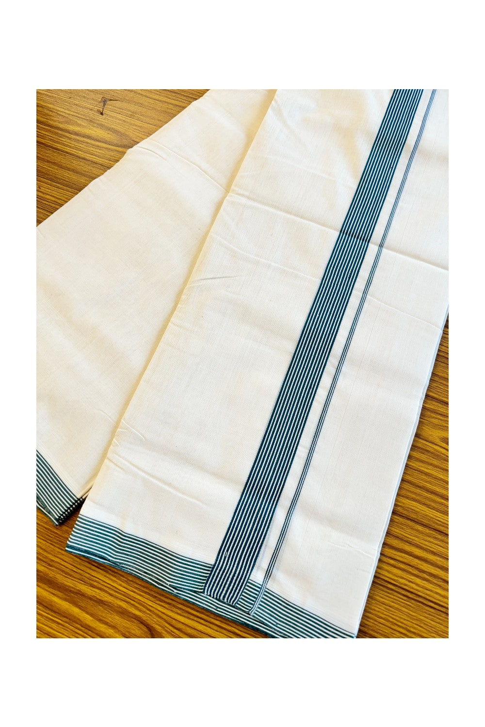 25% Discount!! KaithariKada Handloom Unakkupaavu Balaramapuram - 100% Pure Cotton Off White (Unbleached) Double Mundu/Dothi - Dark Green Striped 1 inch Kara - KK46SOM - 27.